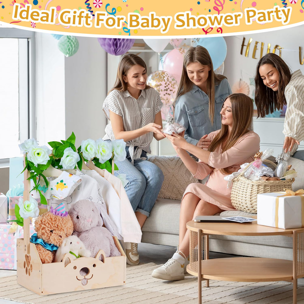 efluky wooden baby shower crate with handle, front view, sturdy carry for gifts
