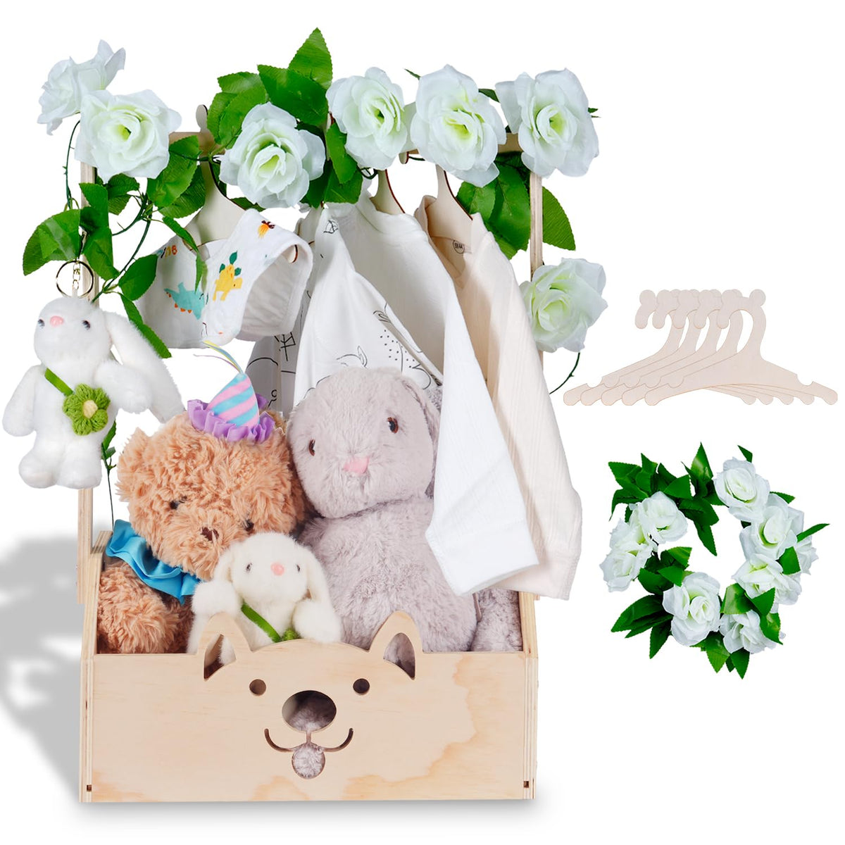 efluky wooden baby shower crate with handle, side view, easy transport of gifts
