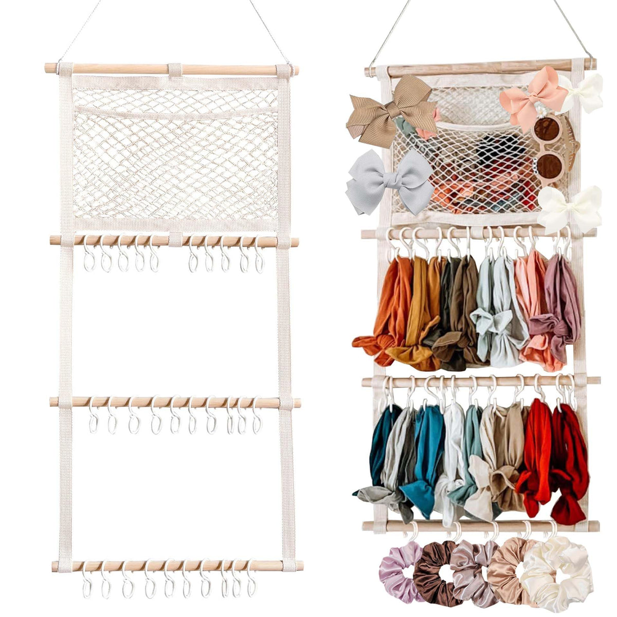Eforwest headband holder on wall, beige, front view showing spacious storage for baby hair accessories