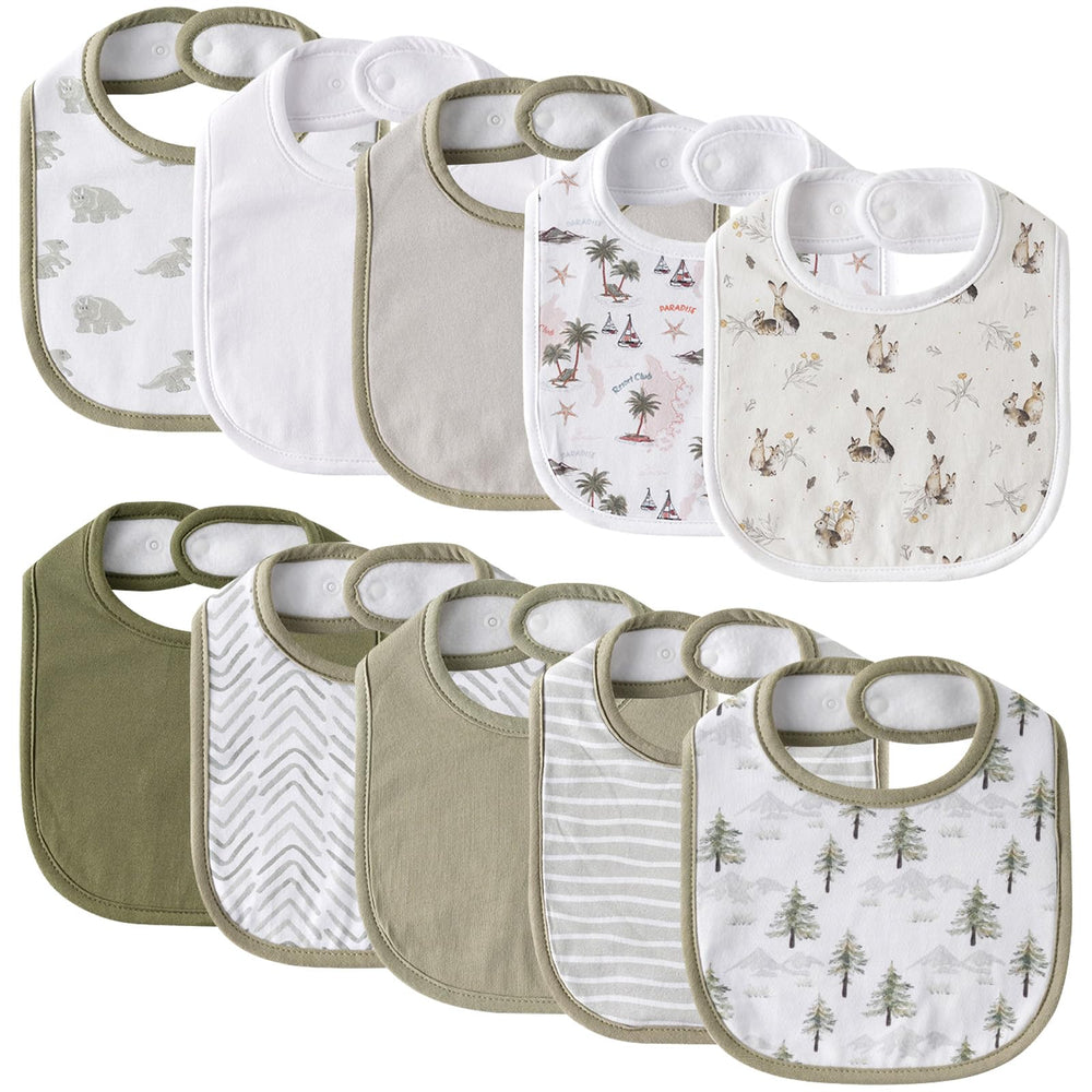 Egmao Baby 10-pack cotton snap bibs, front view, soft fabric protects outfits from drool.