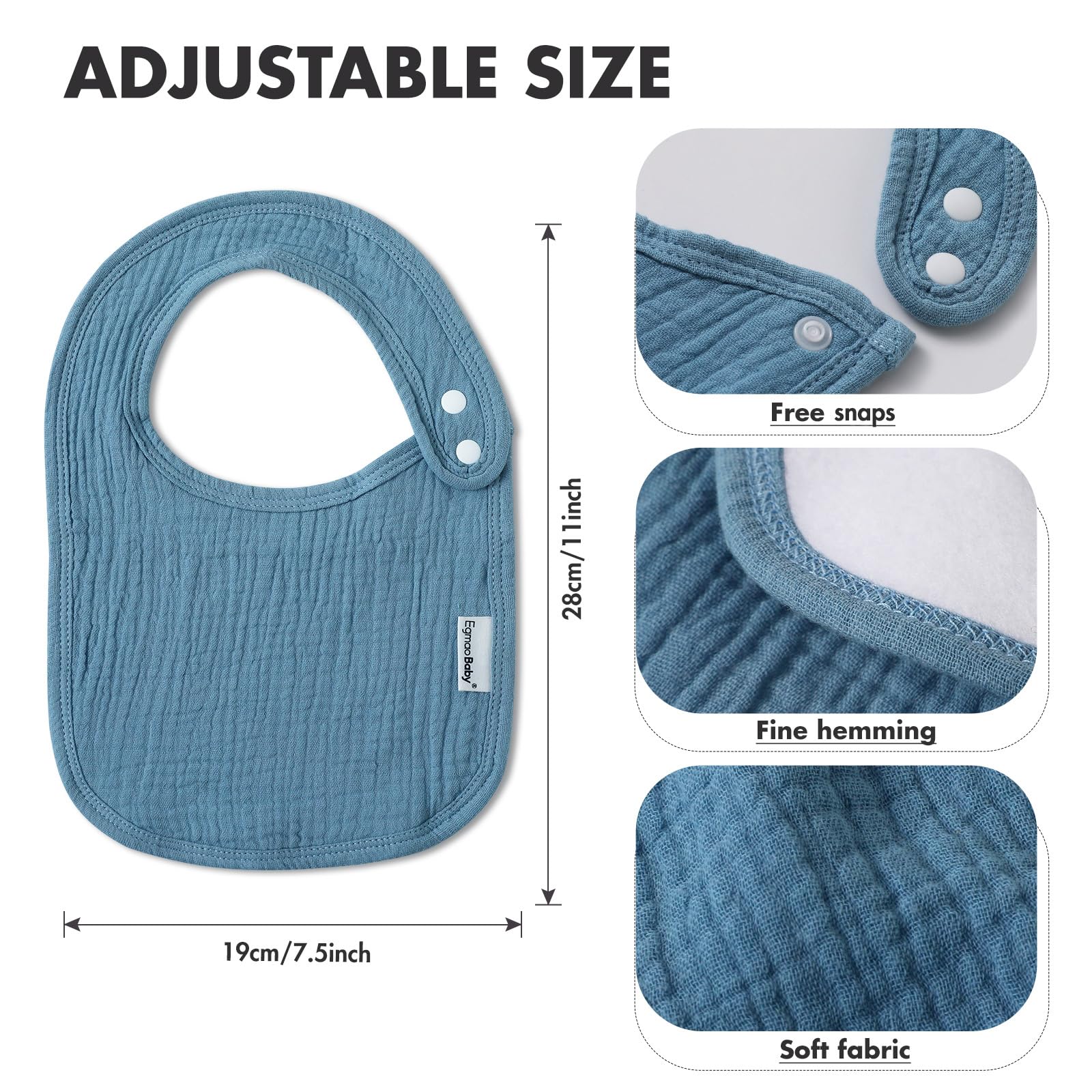 egmao baby muslin bib care guide shows washing instructions for easy maintenance