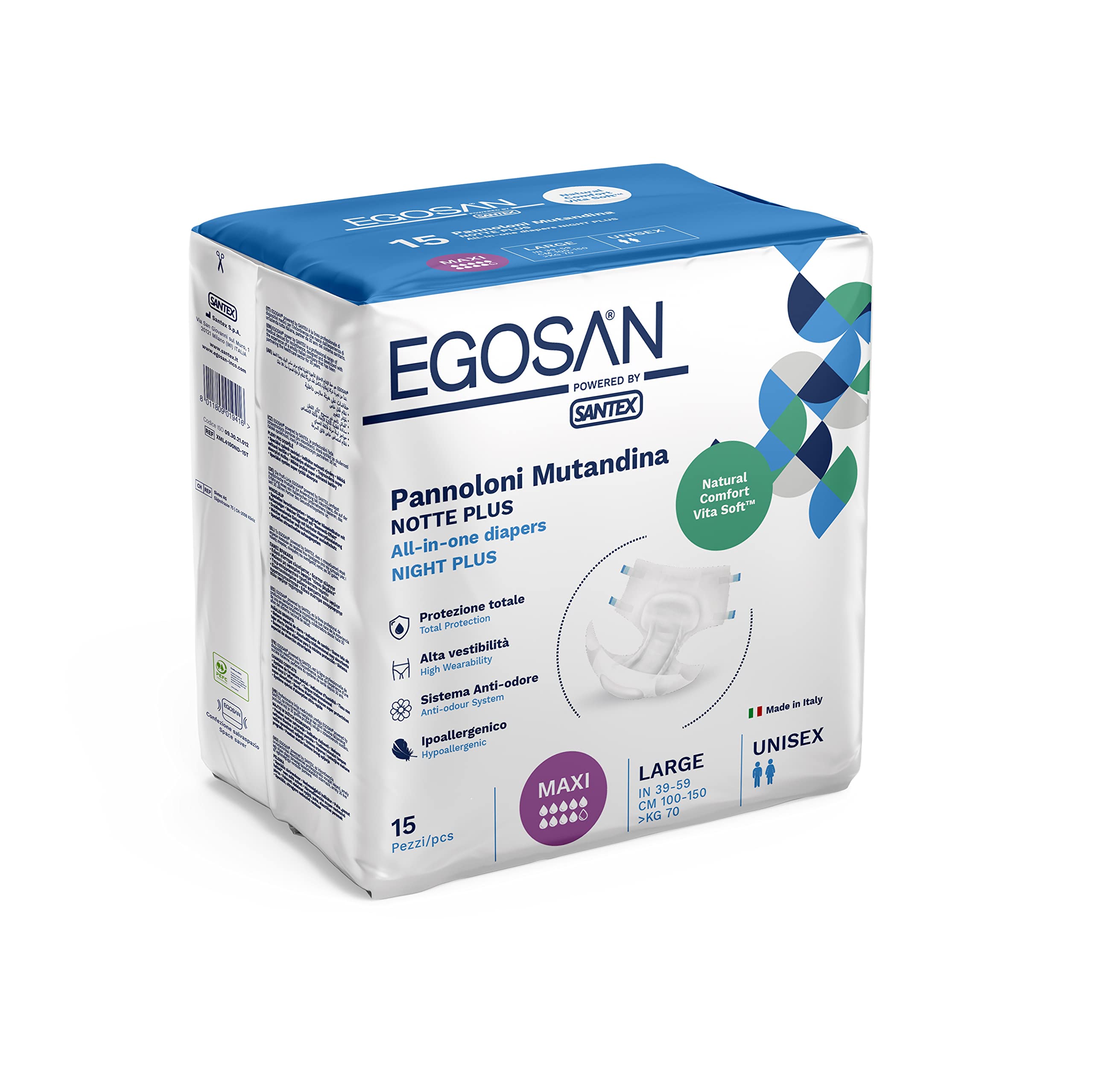 EGOSAN Maxi diaper packaging highlights breathable Italian design for all-day comfort.