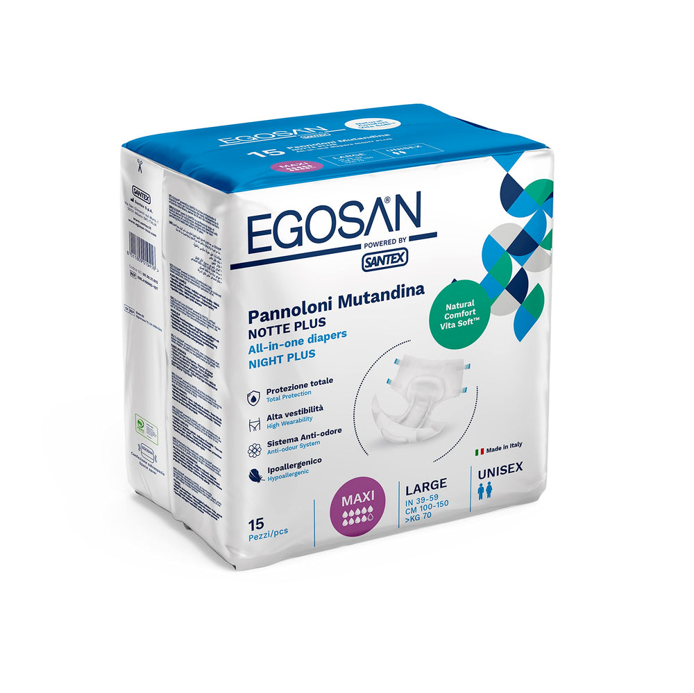 EGOSAN Maxi diaper packaging highlights breathable Italian design for all-day comfort.