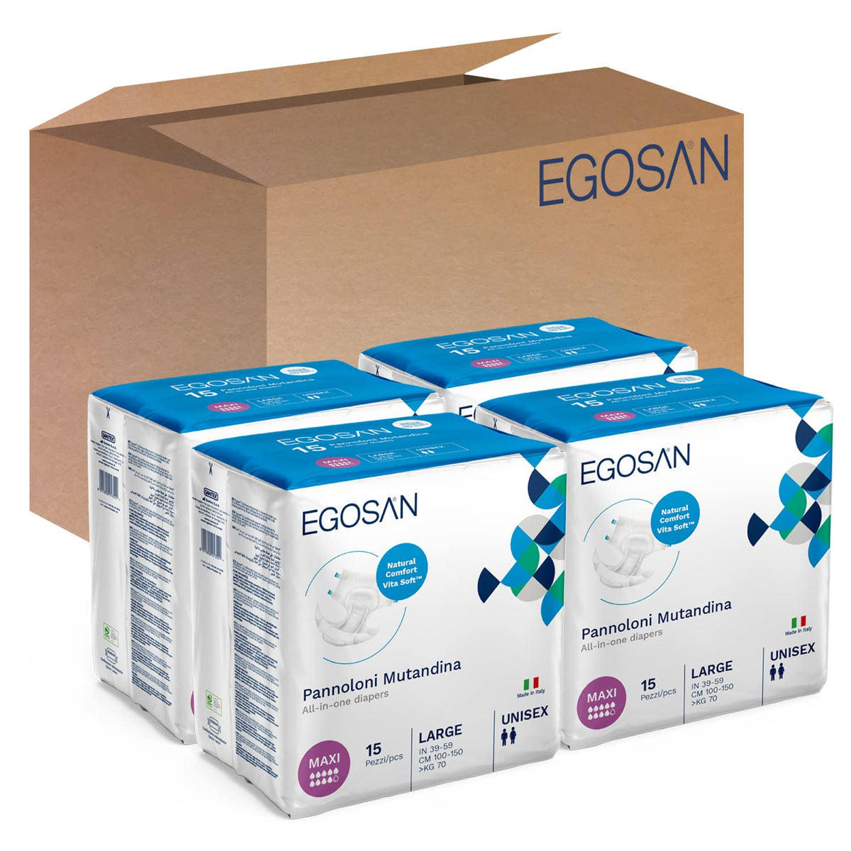 Egosan Maxi diaper side view shows discreet, comfortable fit for all-day wear.