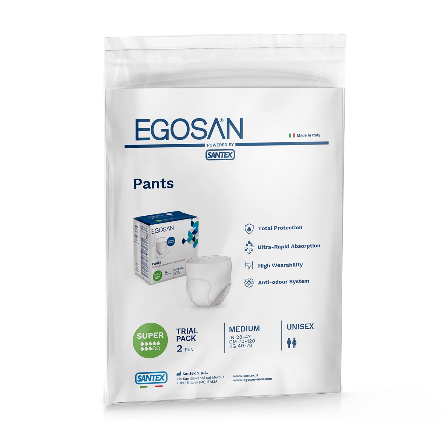EGOSAN Super Incontinence underwear packaging shows discreet daily protection.