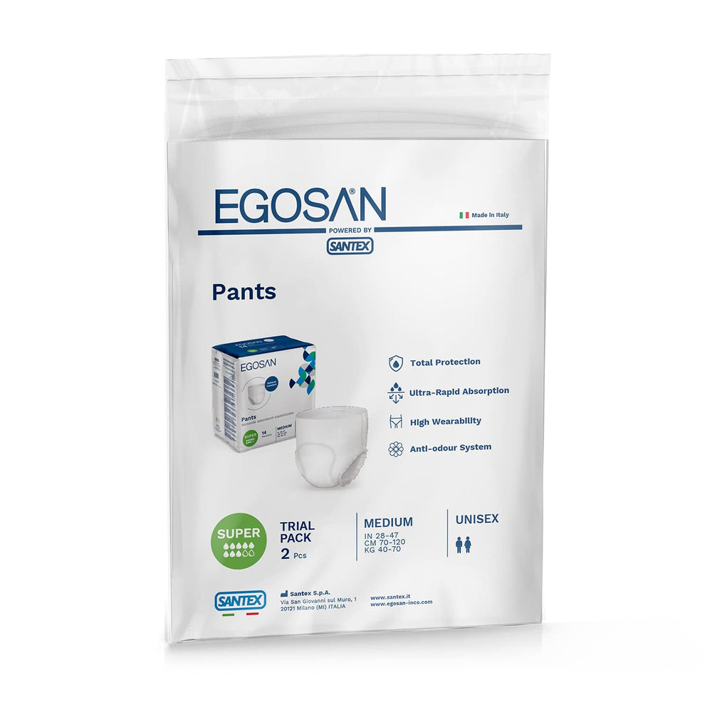 EGOSAN Super Incontinence underwear packaging shows discreet daily protection.