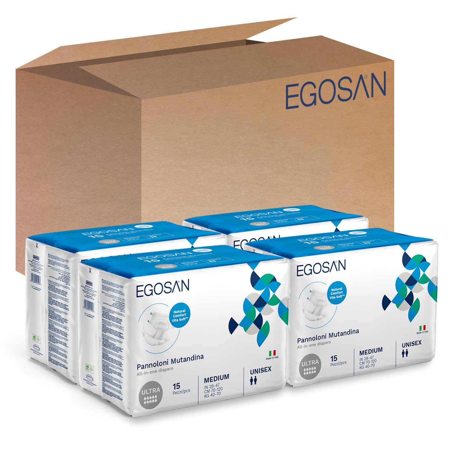 Egosan Ultra incontinence brief packaging showing secure protection for daily wear