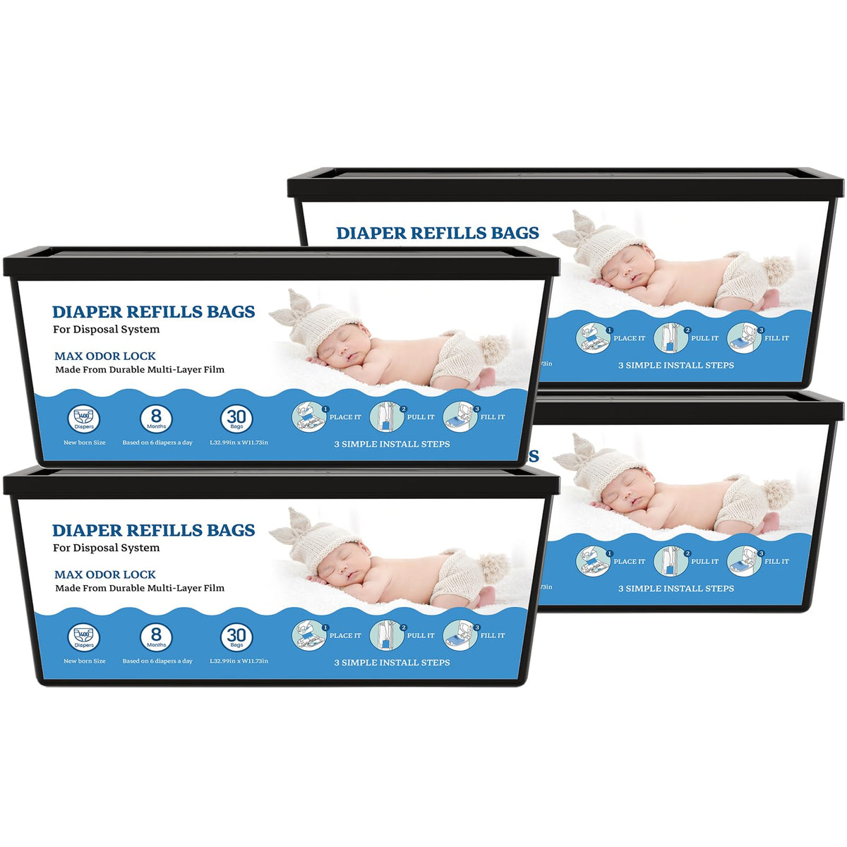 Eiekako diaper refill 4-pack front view, convenient stocking for busy nurseries.
