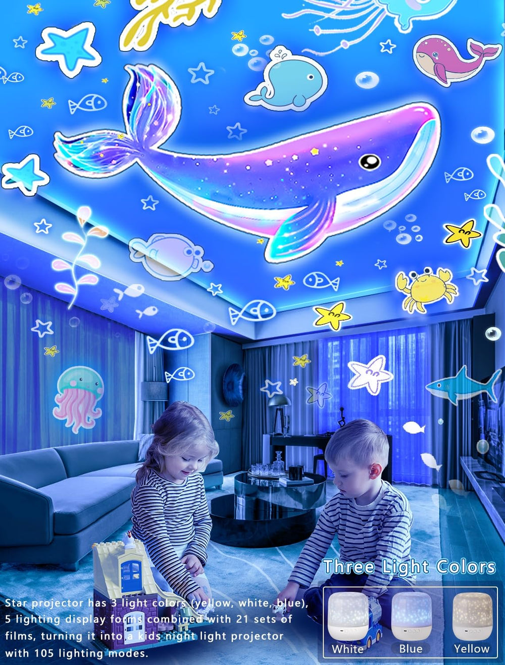 Eigther baby projector ceiling setup enables immersive ambient projection above the crib.