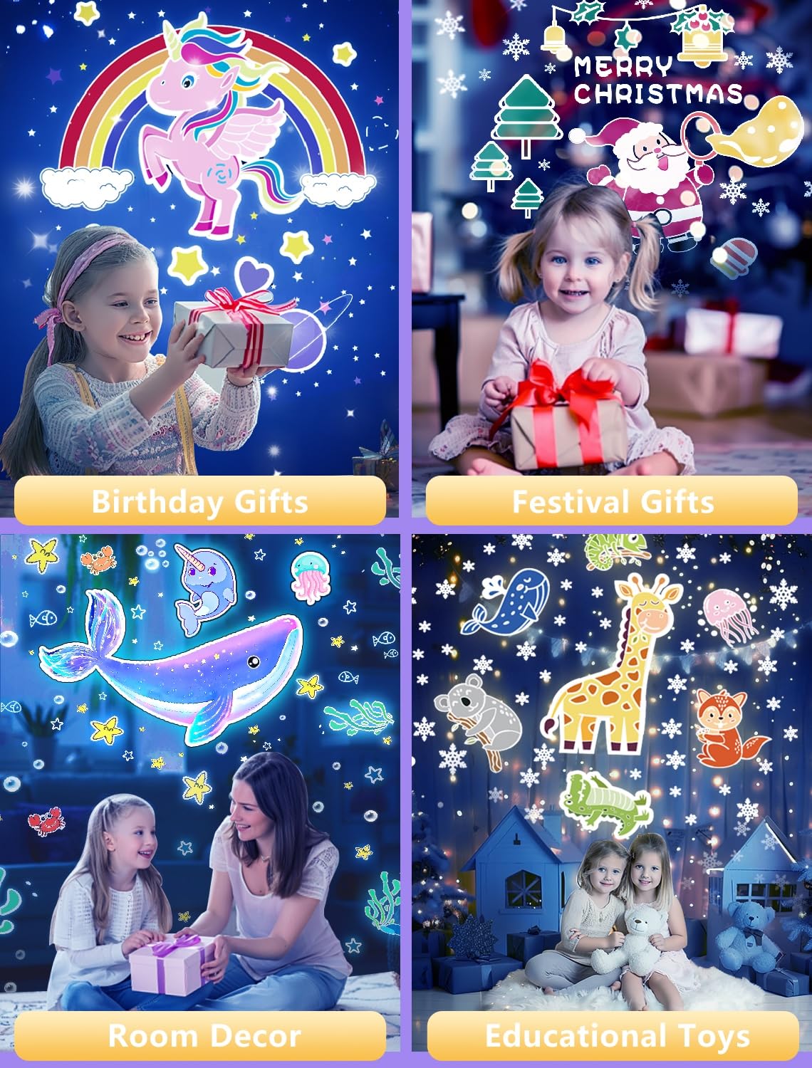  Eigther multipurpose night light for kids room doubles as ceiling projector.