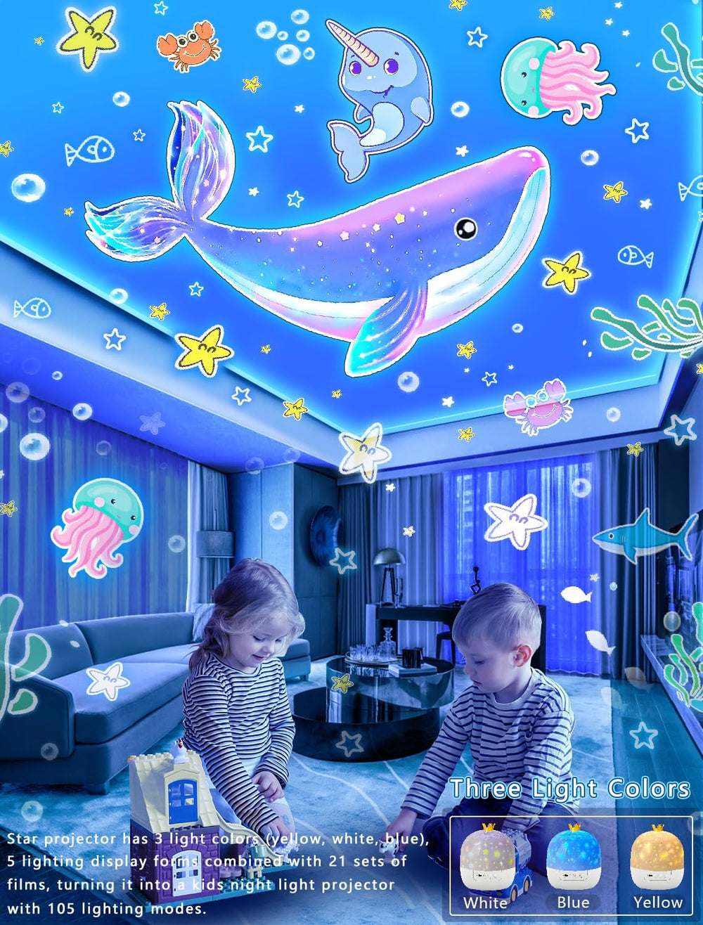  Eigther remote-control night light adjusts color and brightness easily.