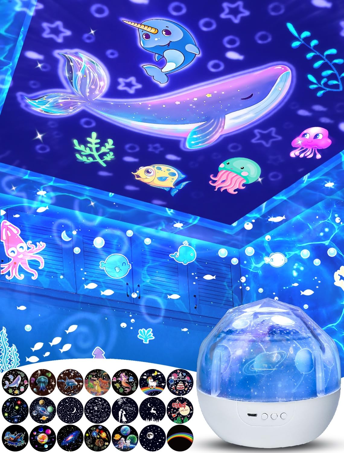 Eigther star projector night light casts a gentle starry ceiling scene for bedtime