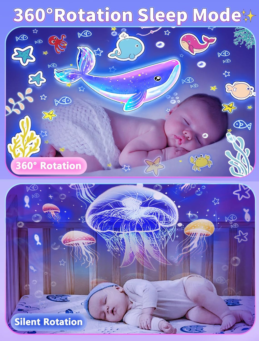 Eigther wall and ceiling projection enhances room ambience for bedtime and play.