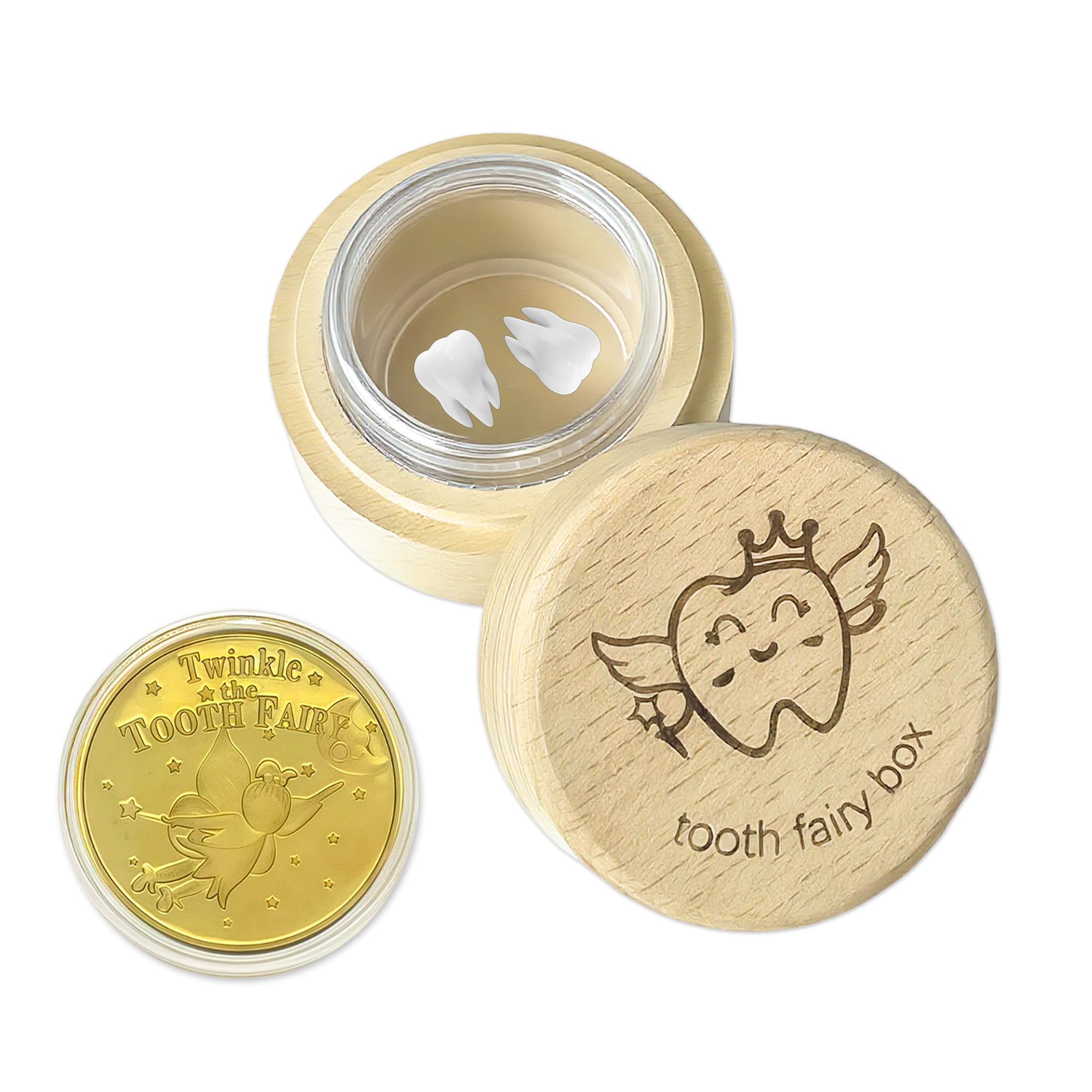 Eiohiuy tooth fairy box front view highlighting natural wood keepsake design for safe storage.