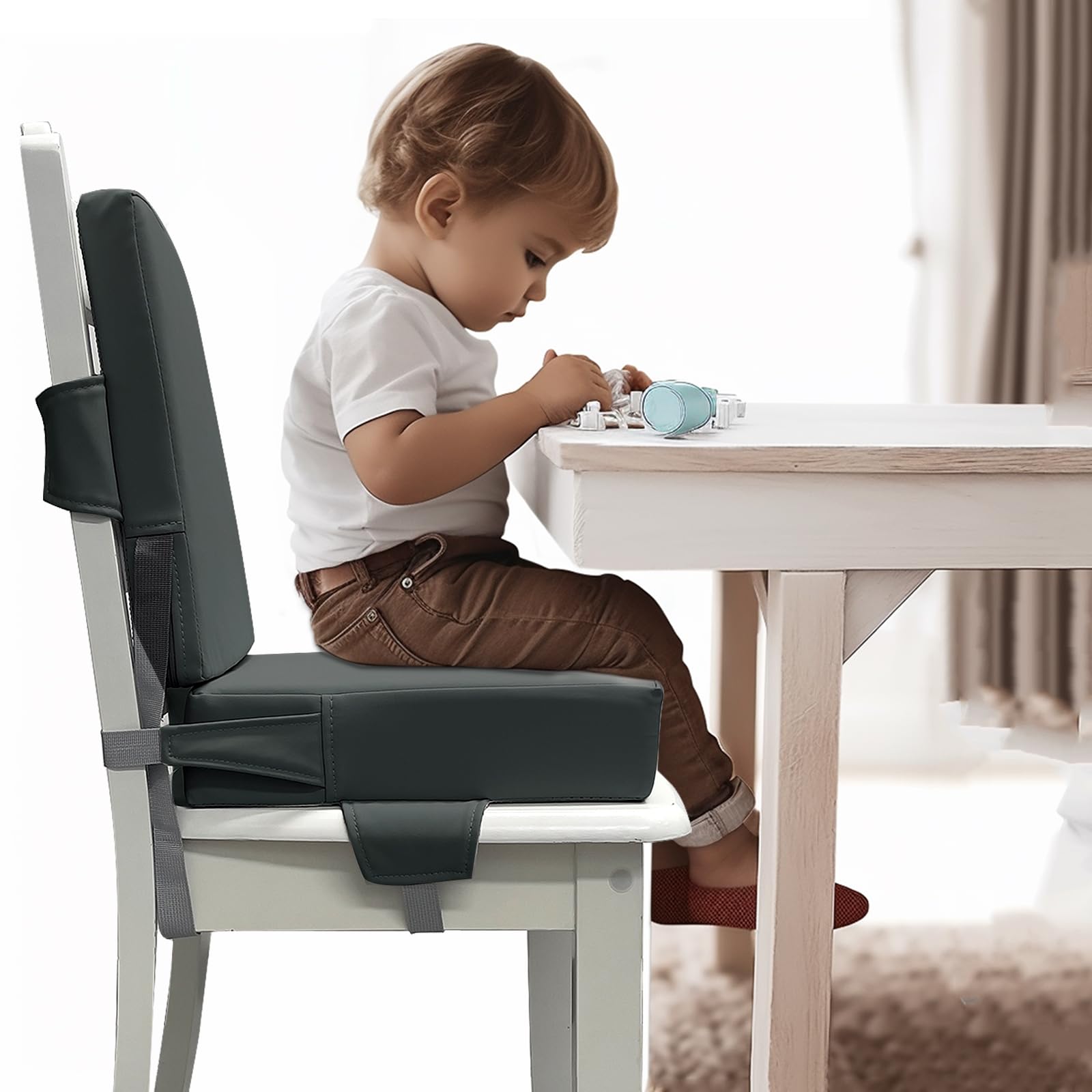 Eiury booster seat side view highlighting stable positioning for kids.