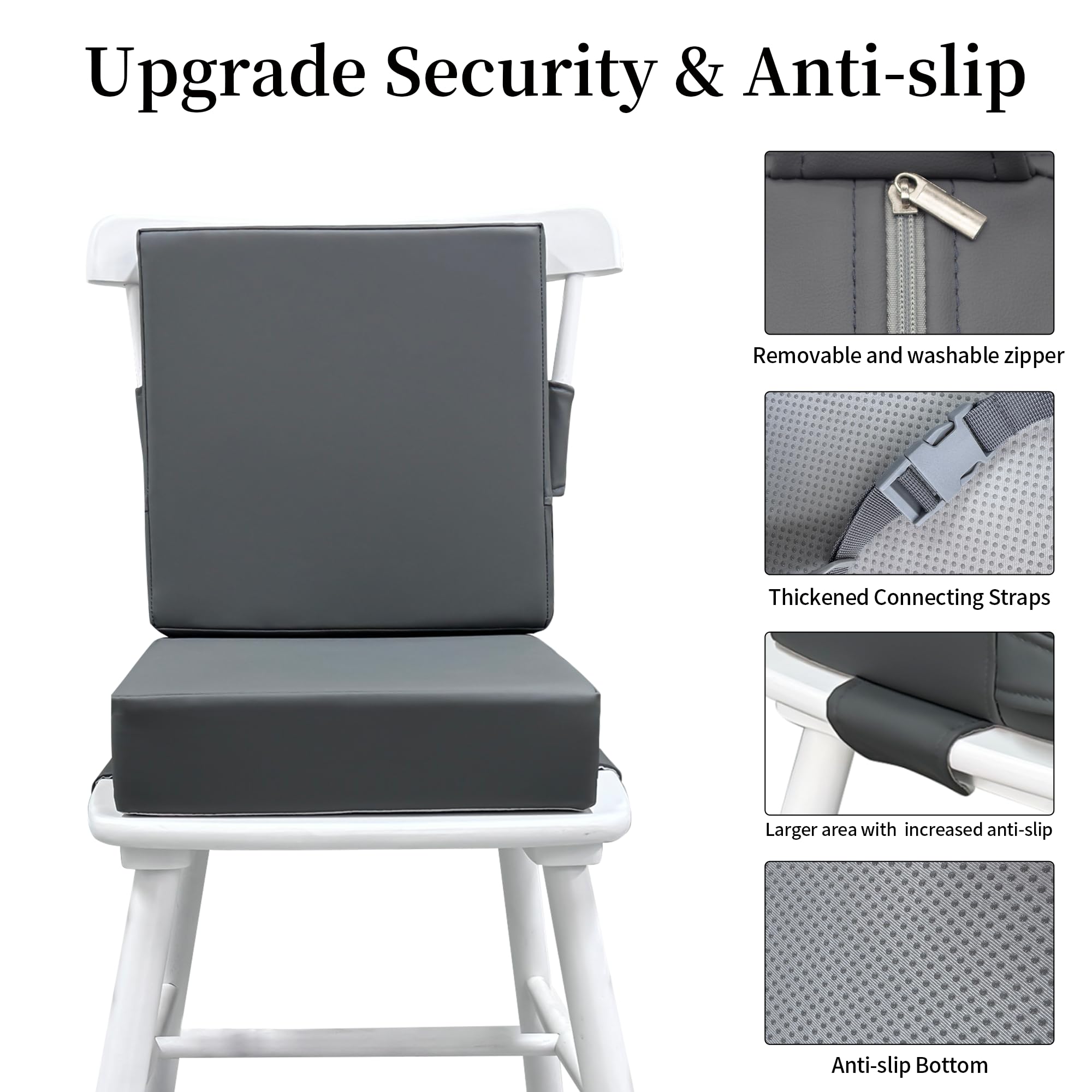 Eiury booster seat safety belt system with adjustable straps keeps child secure.