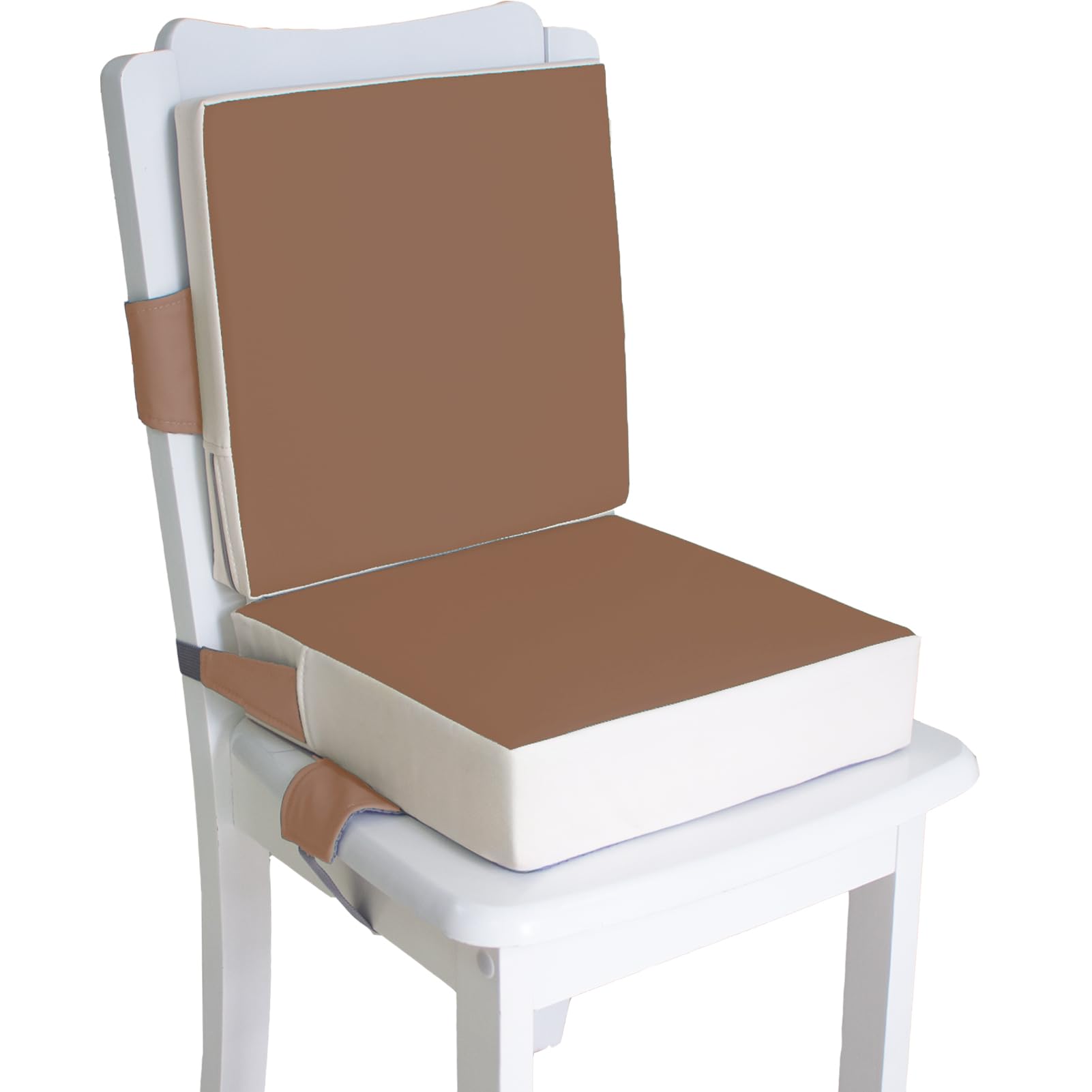 Eiury booster seat in brown front view showing secure fit for meals