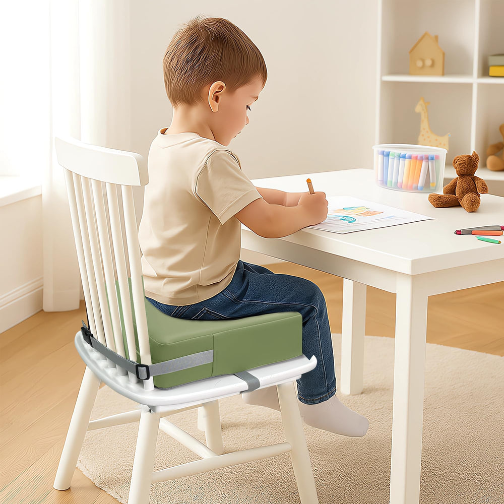 Eiury booster seat green dimensions 134x134x394 for compact storage.