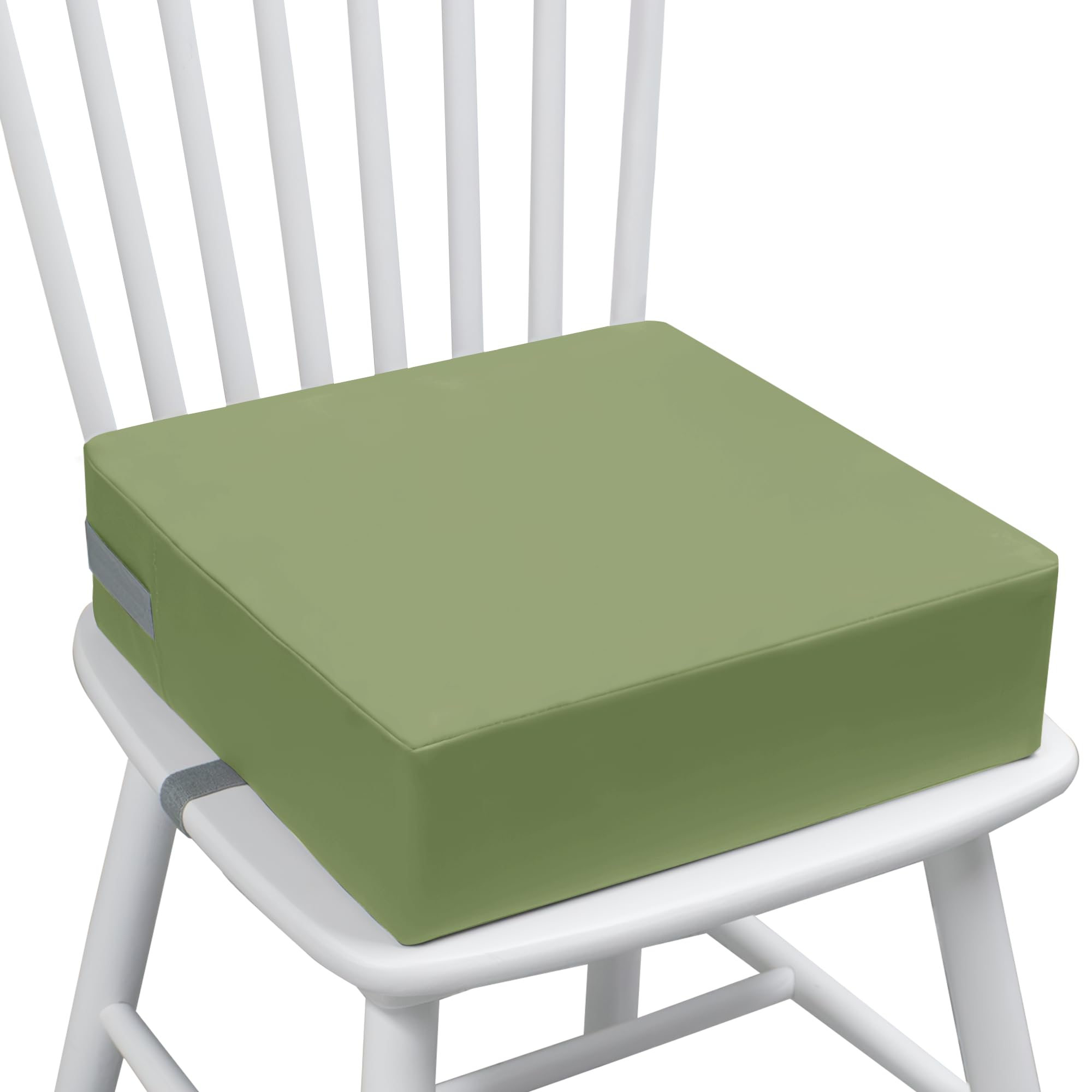 Eiury booster seat green front view showing comfortable cushion and safety straps.