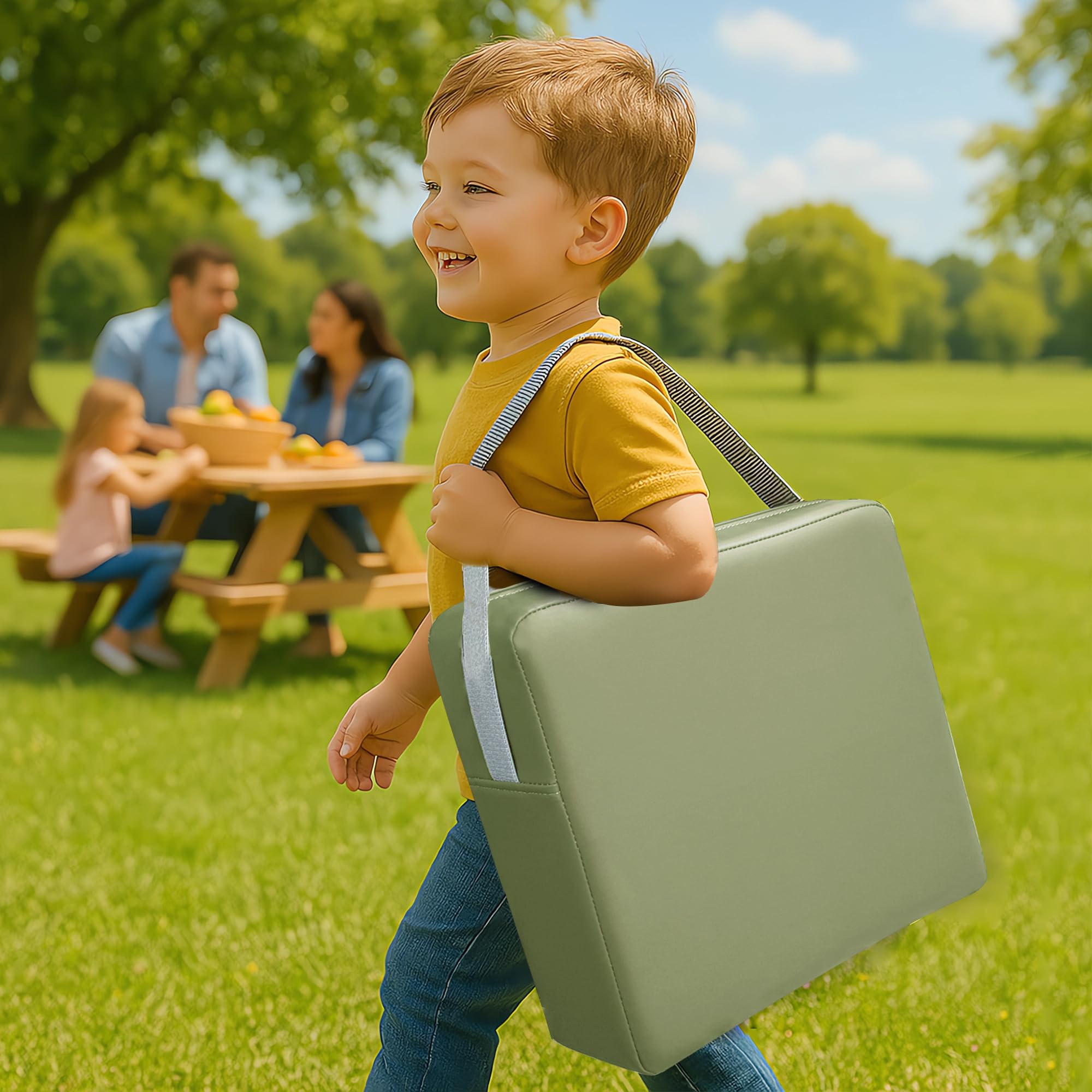 Eiury booster seat green in use on a dining table for meals.