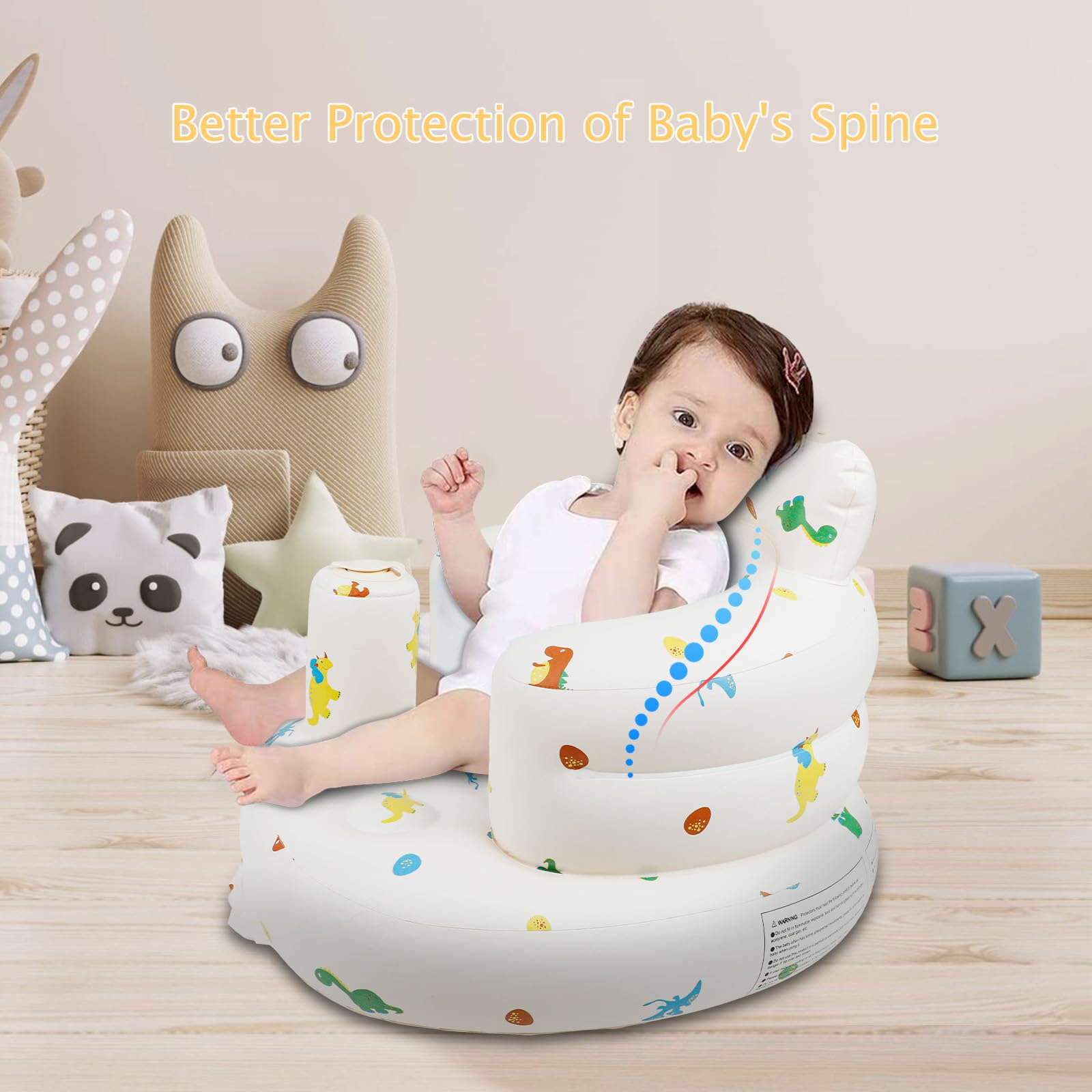 EKEPE dinosaur inflatable baby seat demonstrates proper sitting position for learning