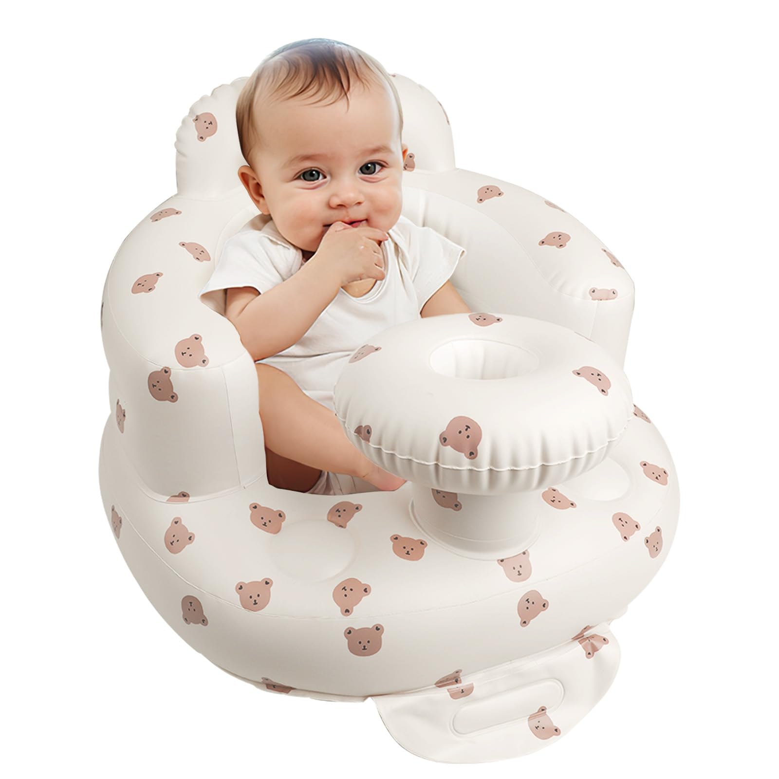 EKEPE bear-head inflatable chair with tray for on-the-go feeding.
