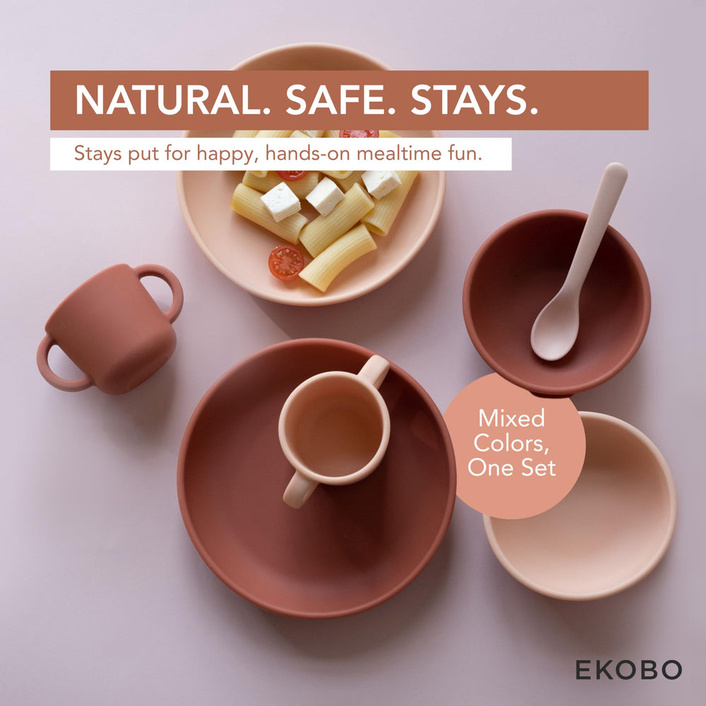 EKOBO silicone baby meal set coral microwave-safe option in use