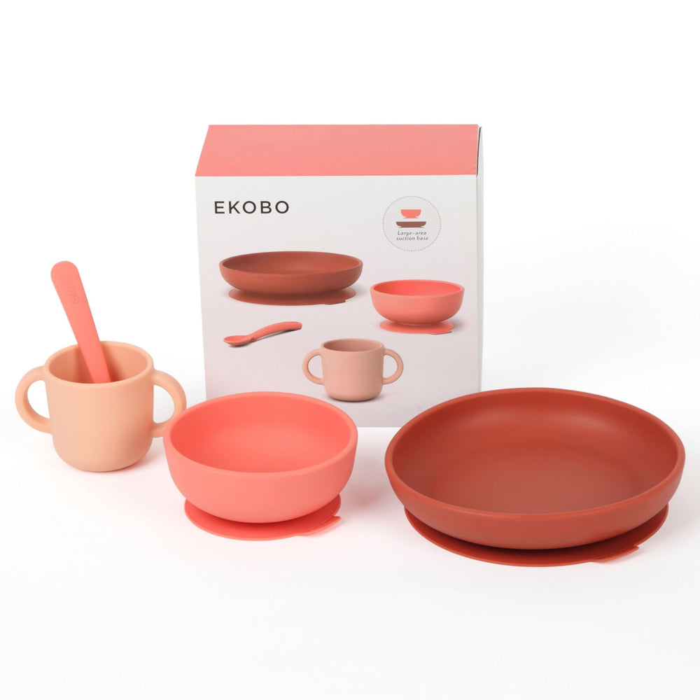 EKOBO silicone baby meal set coral suction plate keeps meals tidy at family tables