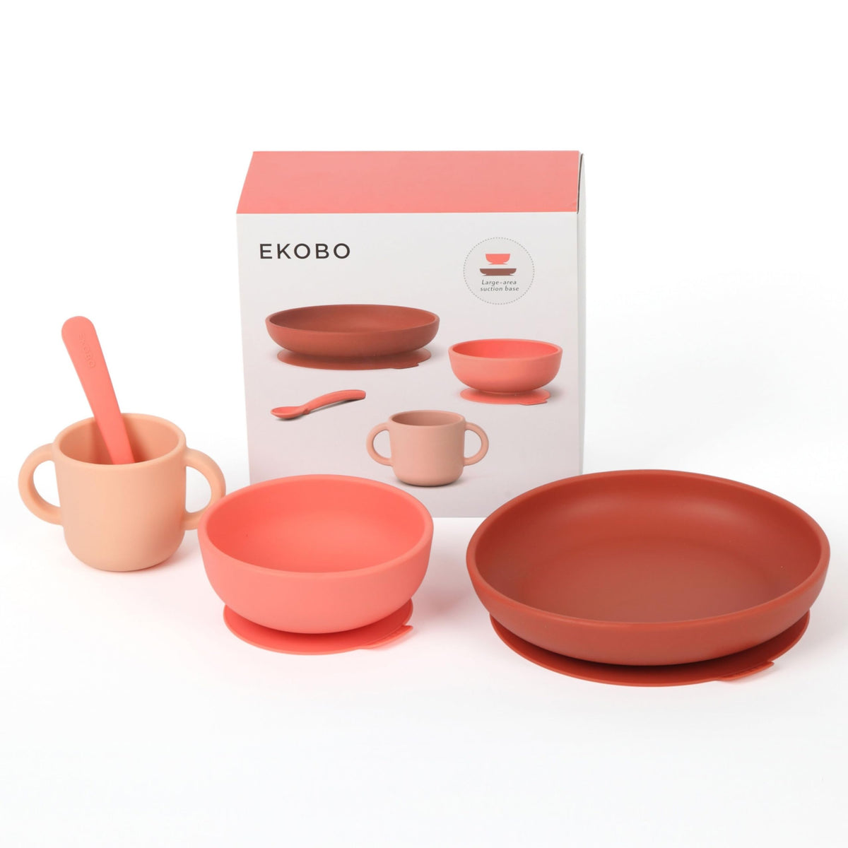 EKOBO silicone baby meal set coral suction plate keeps meals tidy at family tables