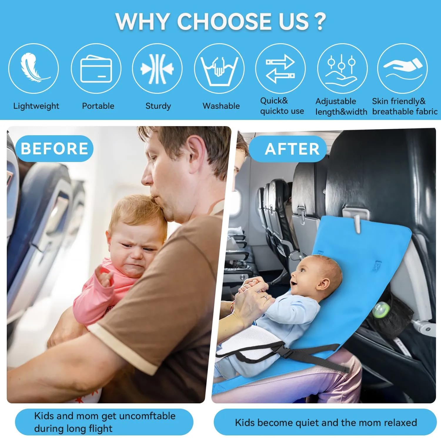 EkoVibe baby travel bed with neck pillow supports head and neck during flights.