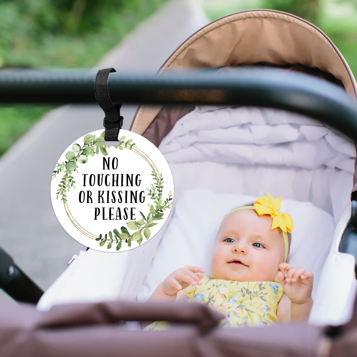 EKSPLODI Don't Touch Baby Sign on stroller handle for polite boundary reminder during outings