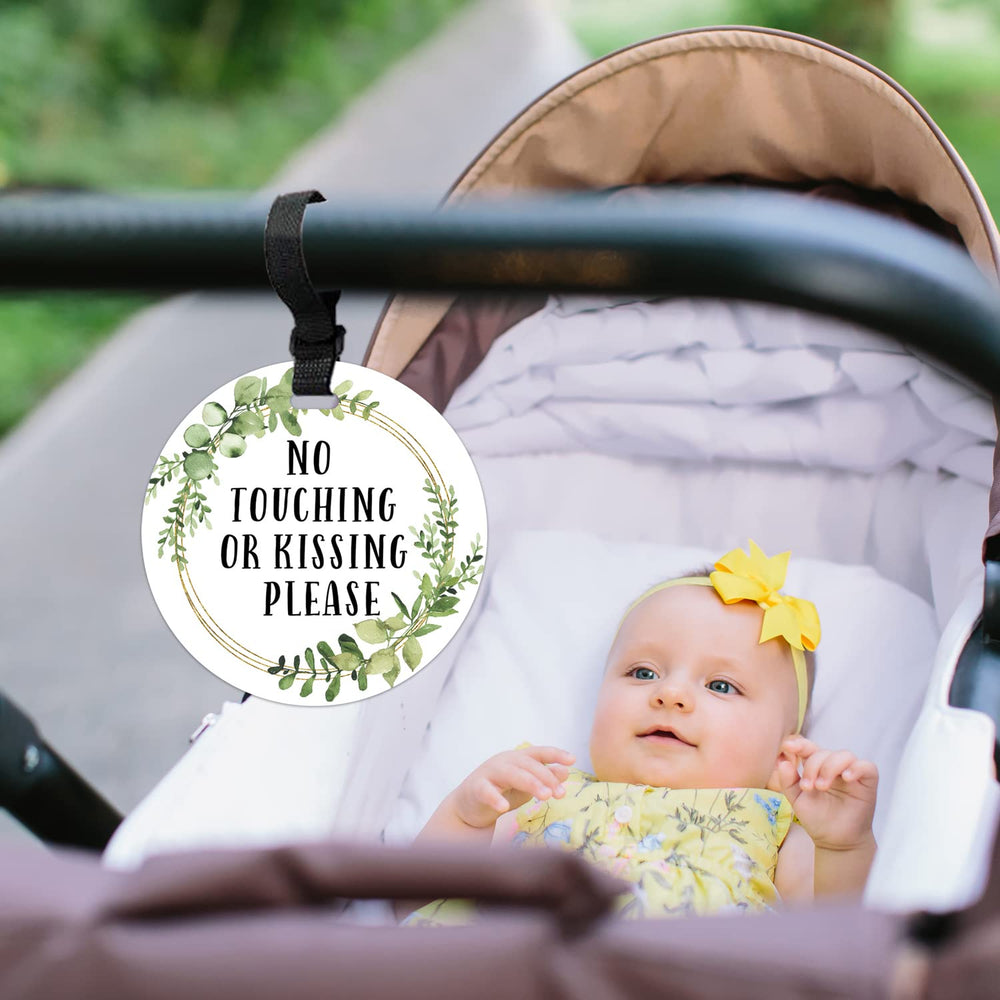 EKSPLODI Don't Touch Baby Sign on stroller handle for polite boundary reminder during outings
