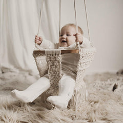 EL CLASICO OVERSEAS swing chair closeup showing macrame pattern and durable design for kids