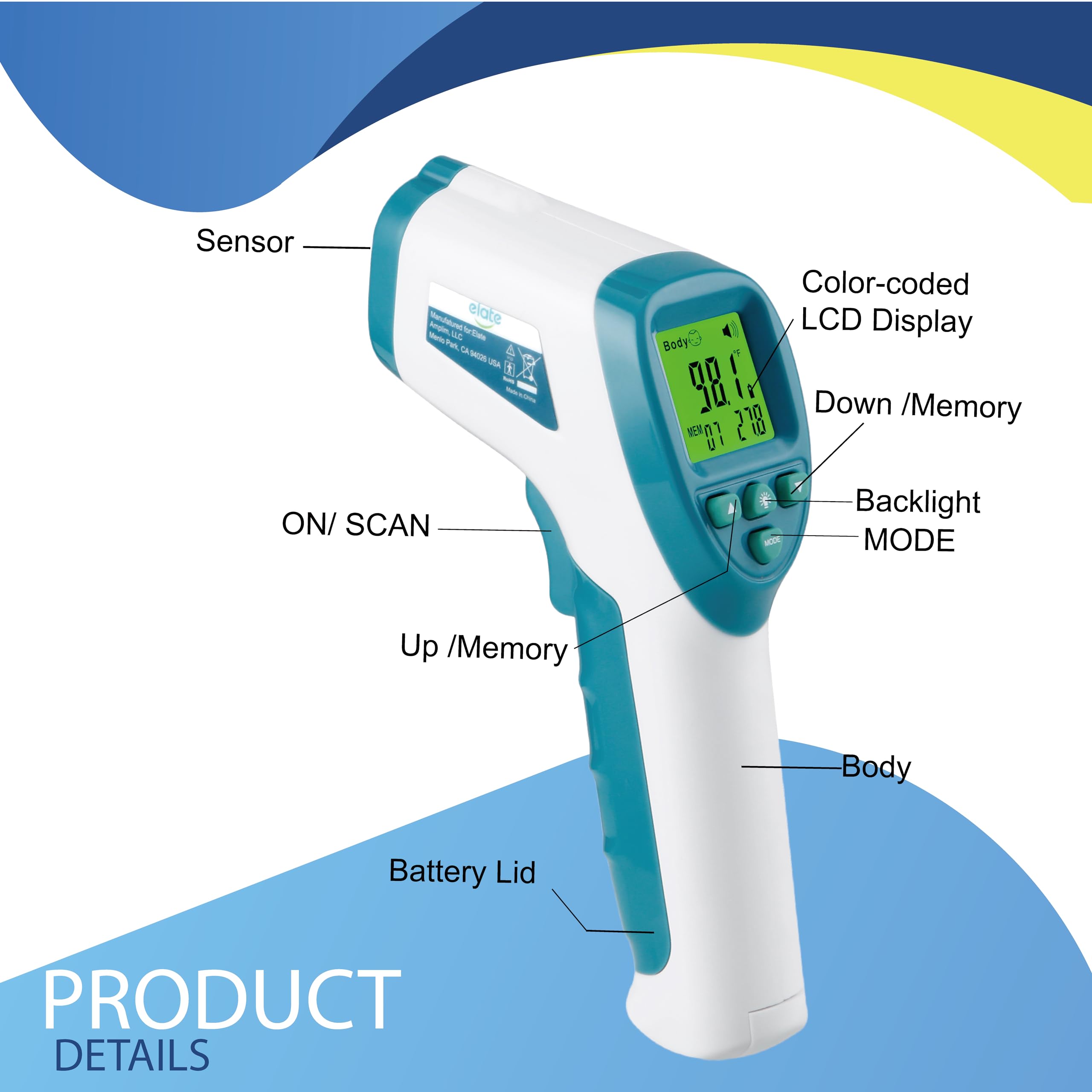Elate Forehead Thermometer memory stores past readings for tracking.