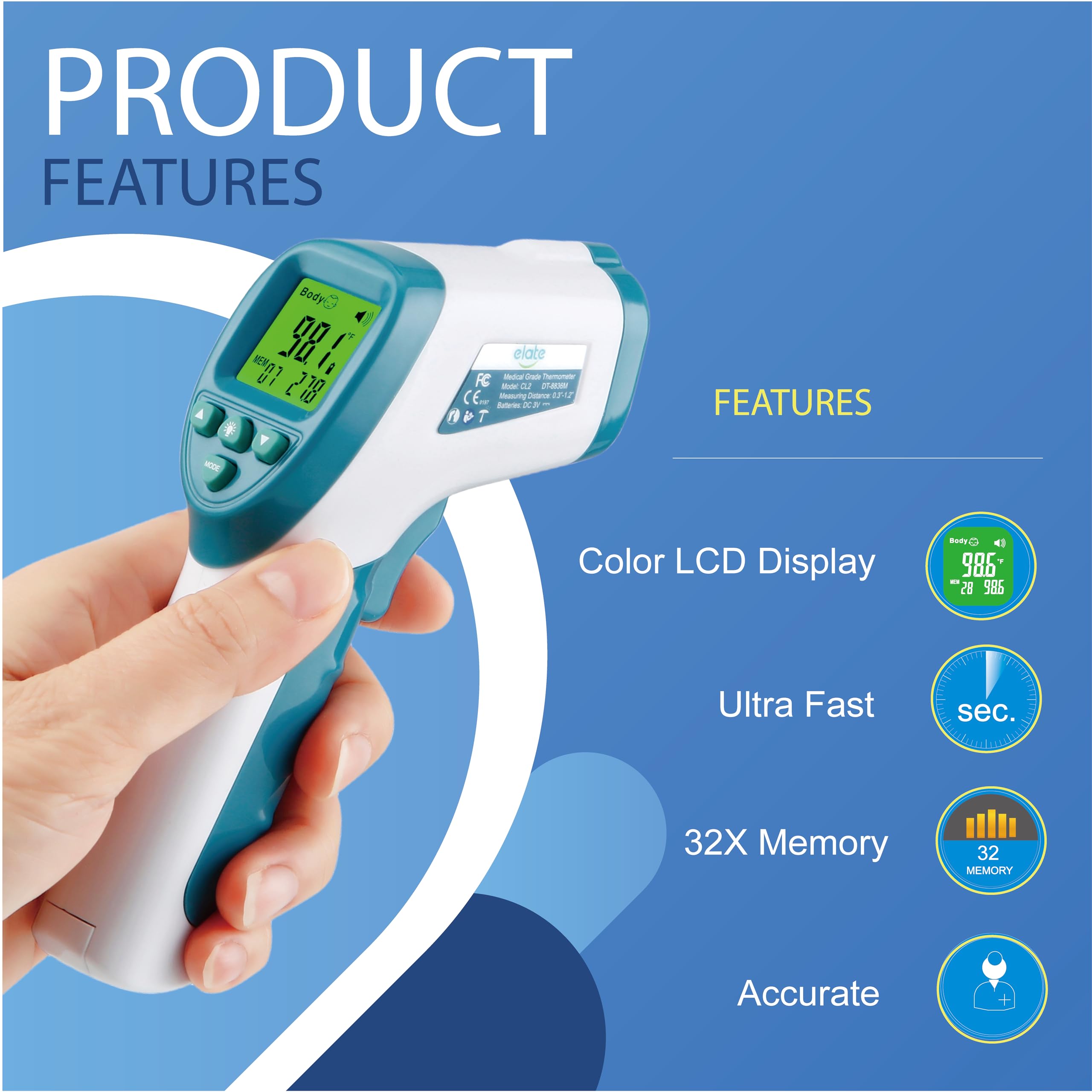 Elate Forehead Thermometer no-touch with LCD display showing fever color indicators.