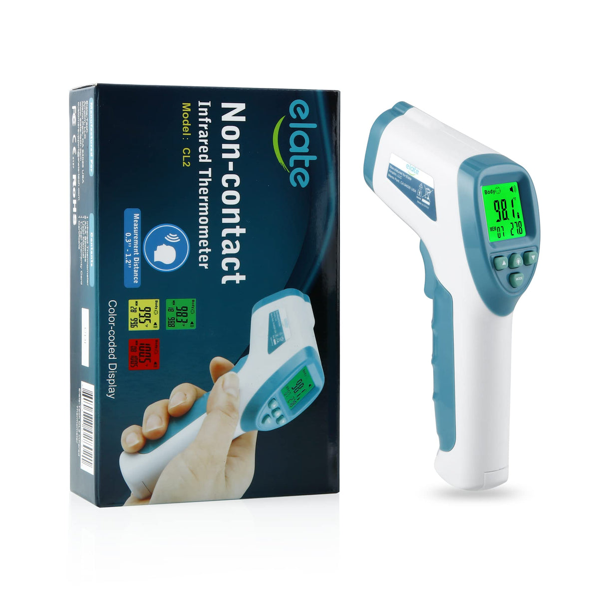 Elate Forehead Thermometer no-touch front view with fast, hygienic readings.
