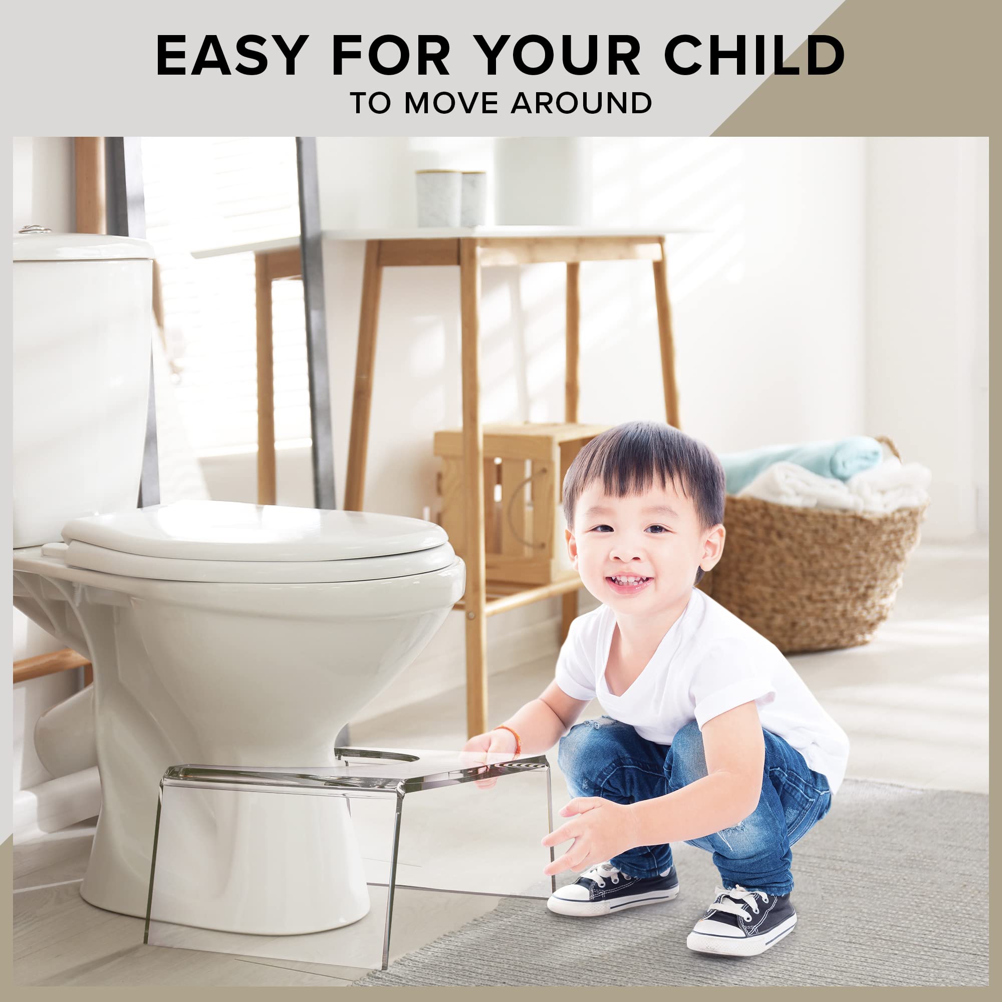 Elavain clear acrylic step stool used by kids for independent toileting