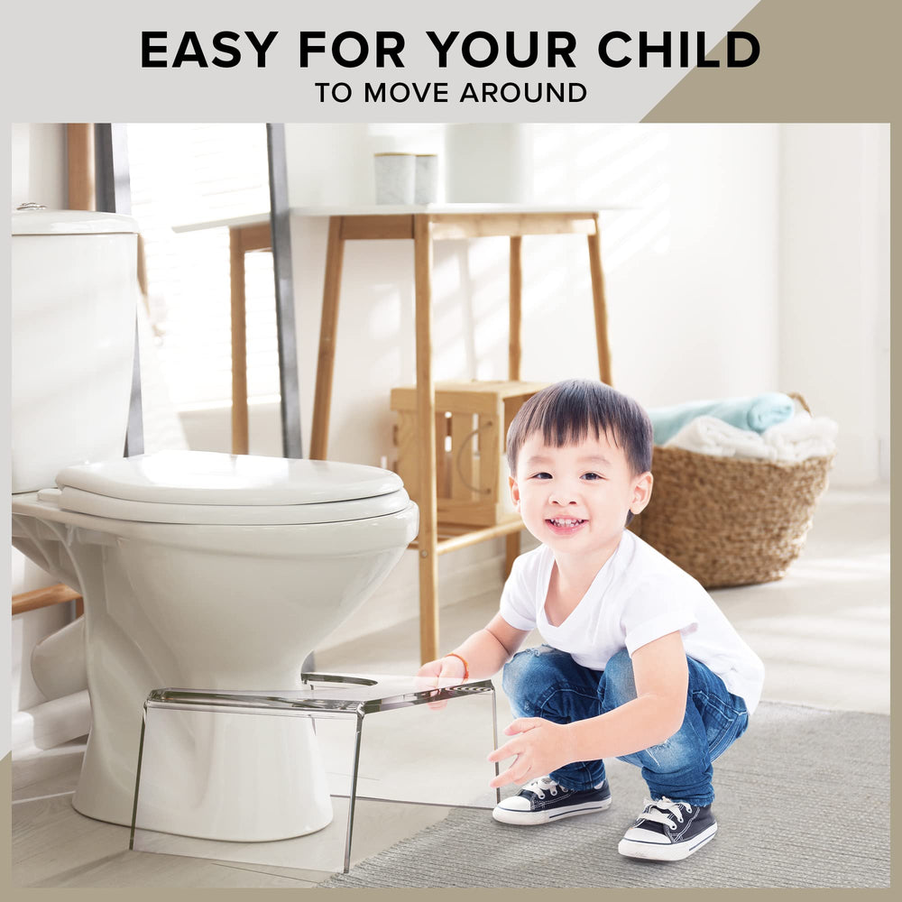 Elavain clear acrylic step stool used by kids for independent toileting