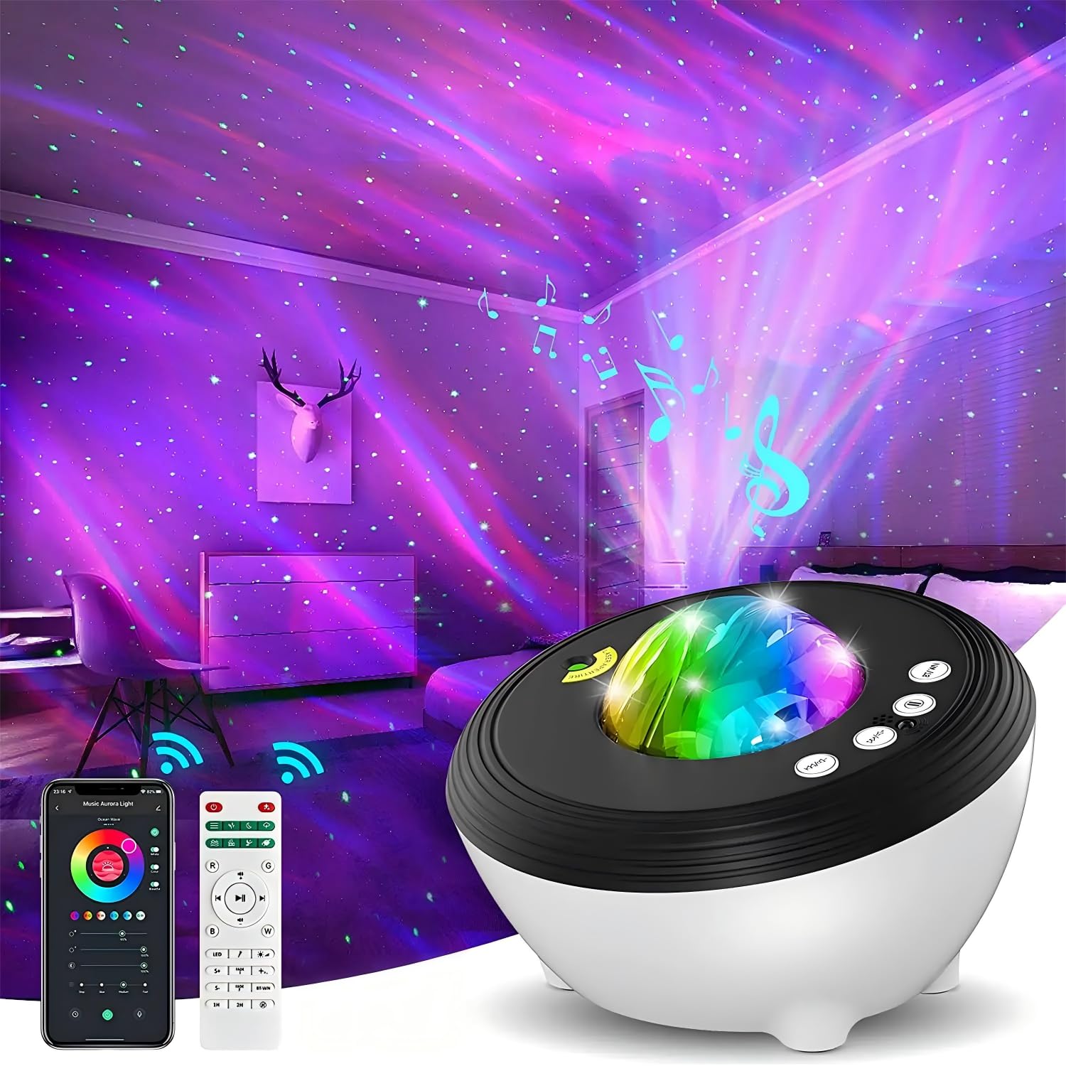 Elec3 Northern Lights projector with remote creates a calming ceiling scene.