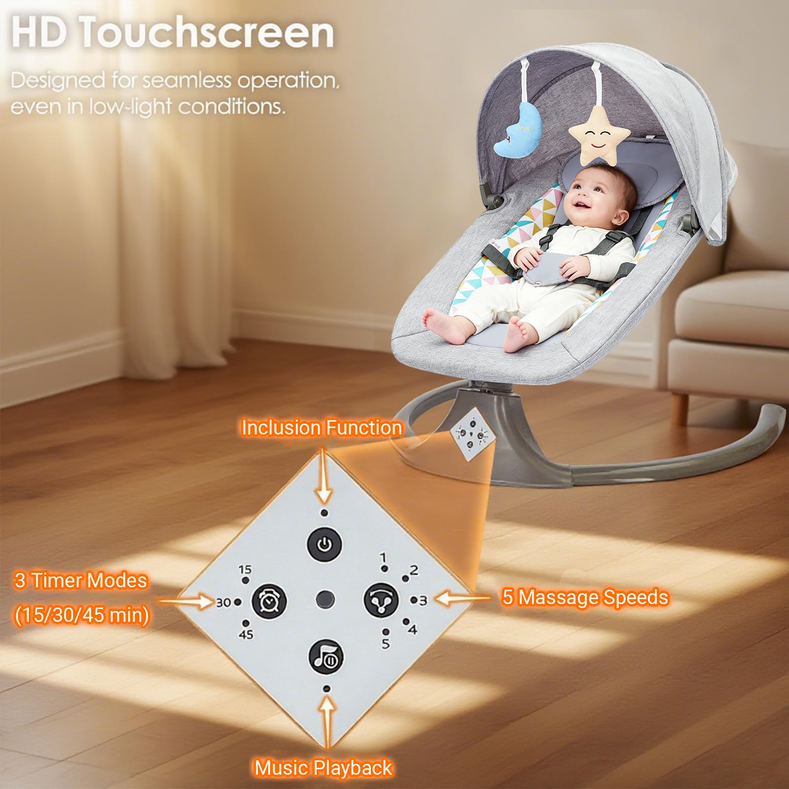 Electric Baby Swing five-point harness ensures secure seating for infants.