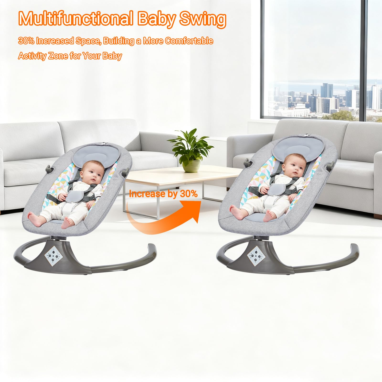 Electric Baby Swing machine-washable fabrics simplify cleaning and care.