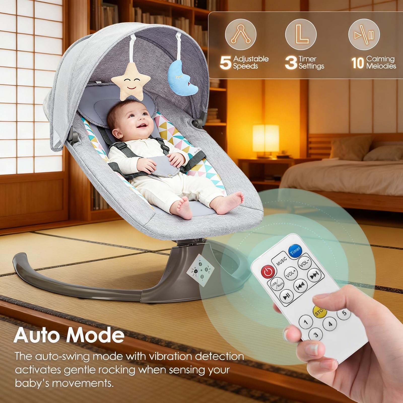 Electric Baby Swing soft warm and breathable fabric keeps baby comfortable.