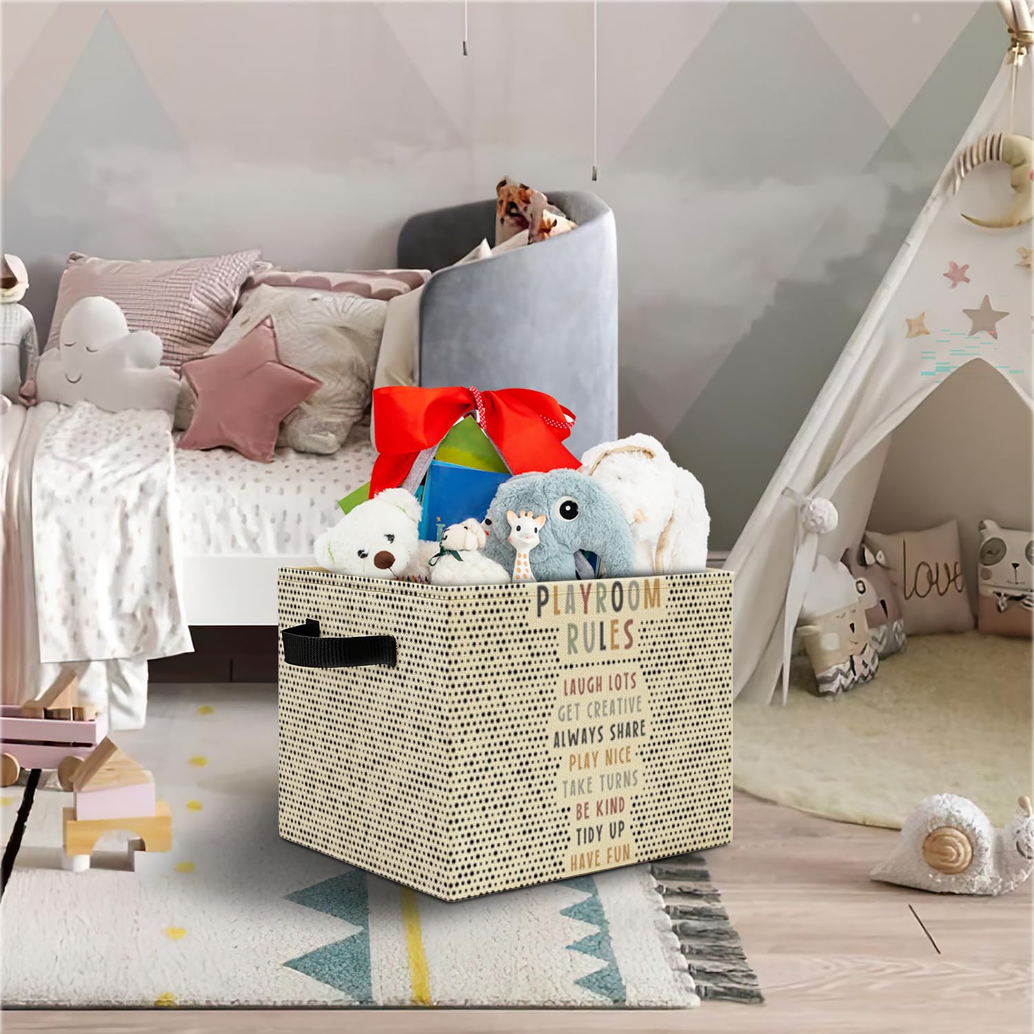 Elefeltclave playroom bin folded showing compact storage.