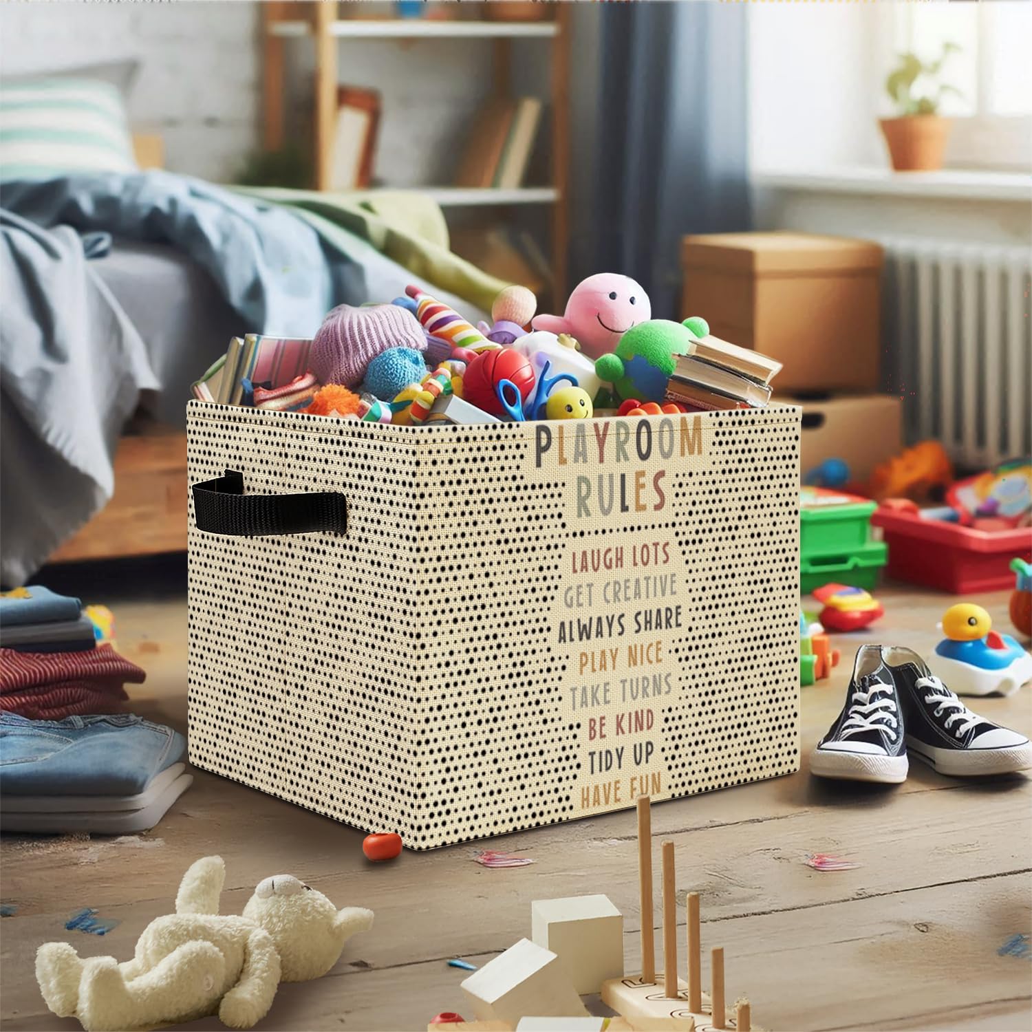Elefeltclave toybox bin in a bedroom for neat toy organization.
