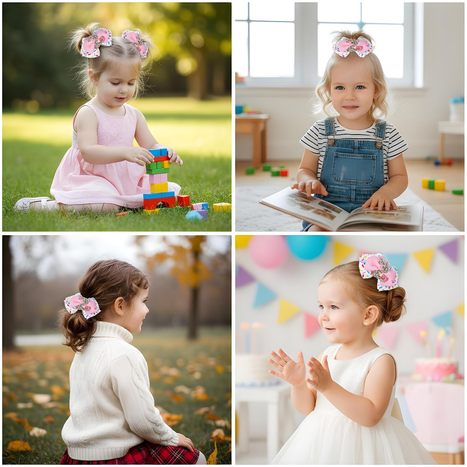 Elegaperma pink donut-themed bow enhances outfits and photos.