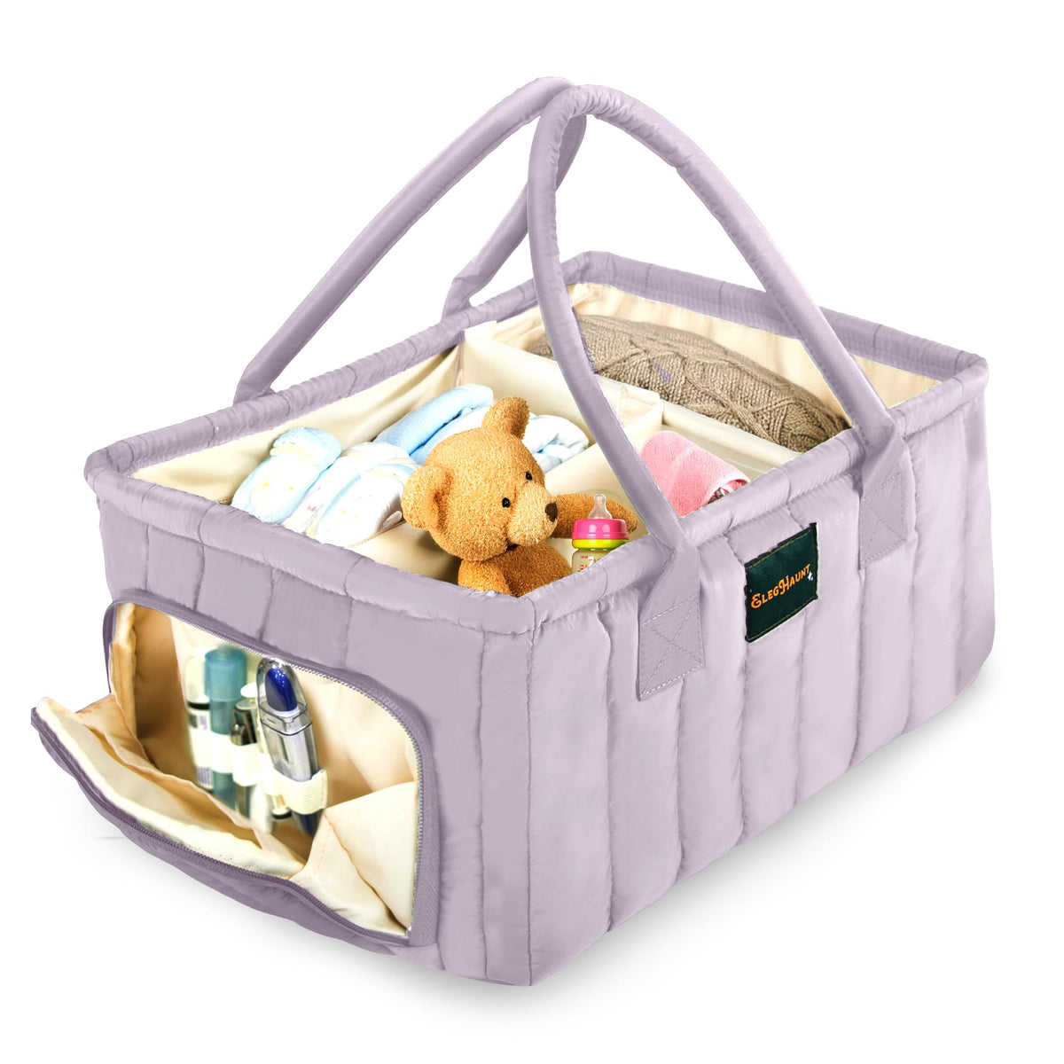 Eleghaunt lilac diaper caddy top view showing organized essentials for quick access