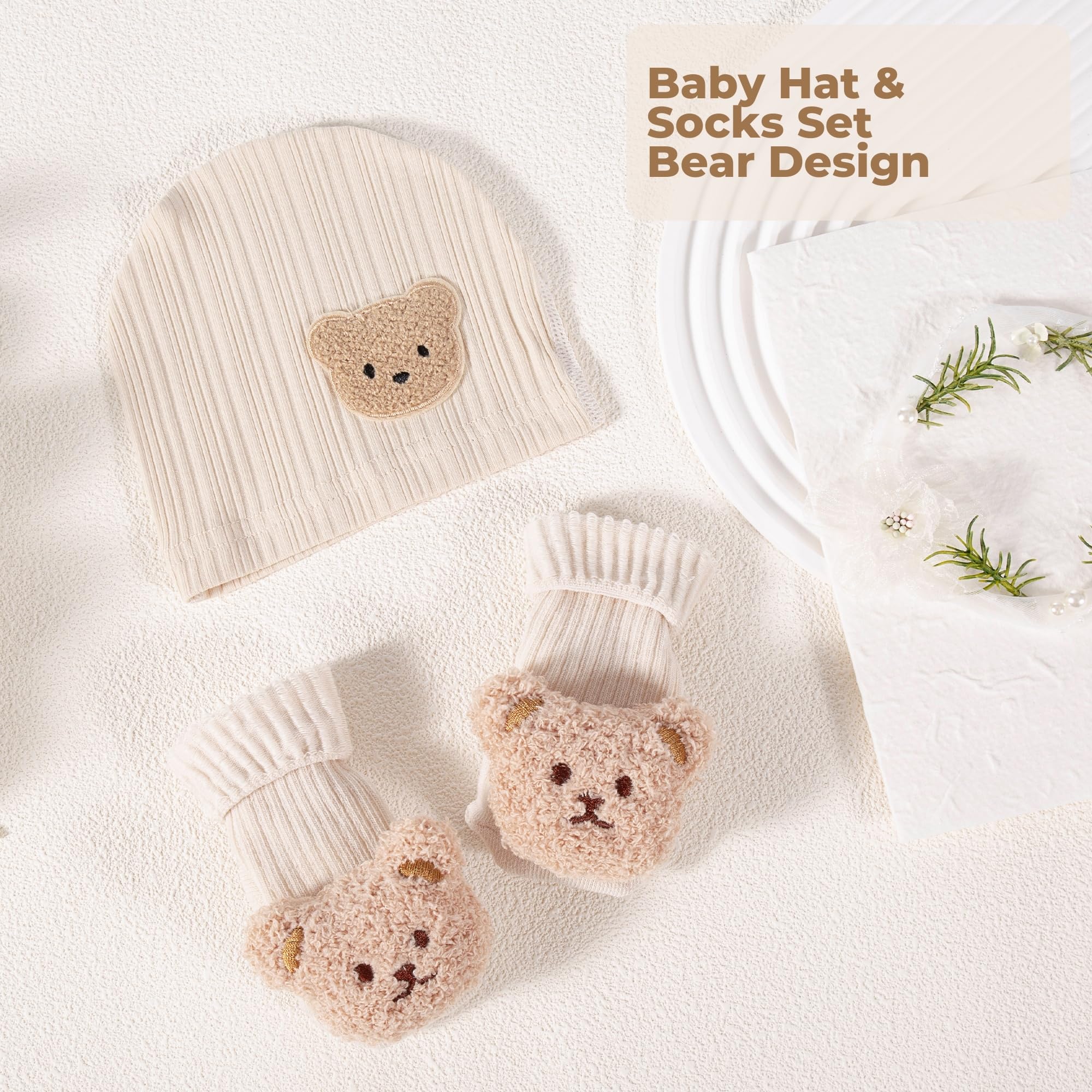 ELEMENU bear hat and socks set, soft and stylish for newborn photos.