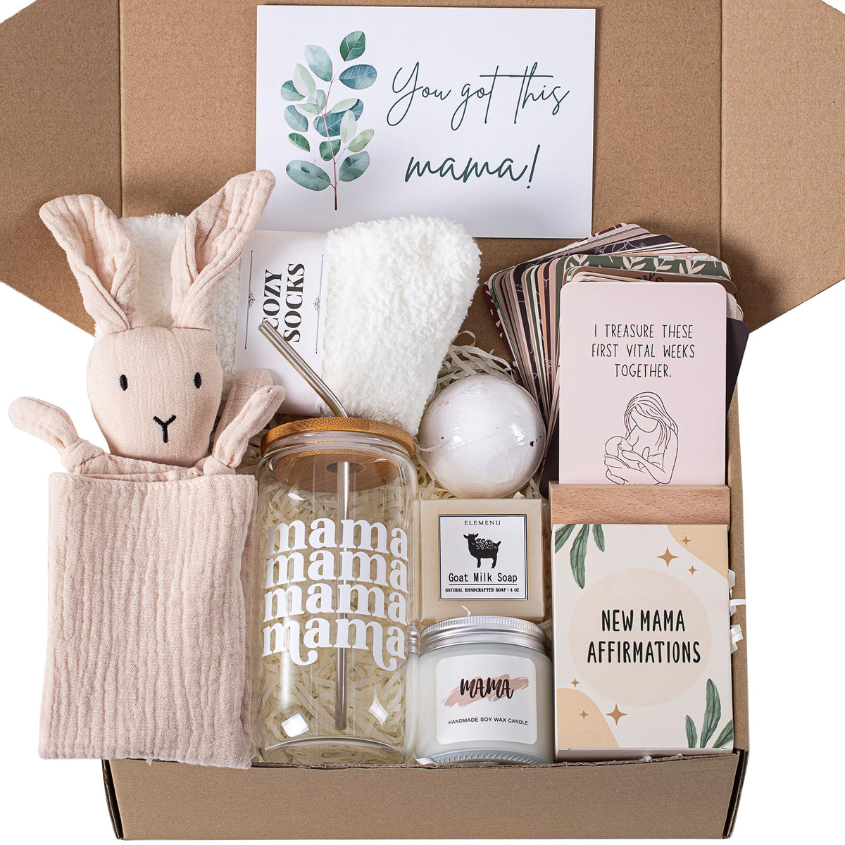 ELEMENU New Mom Care Package after birth box with 7 essentials for comfort and support.