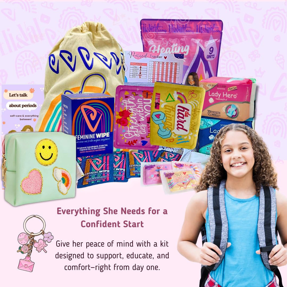 ELI&VAL tween comfort-fit pads arranged for school or activities.