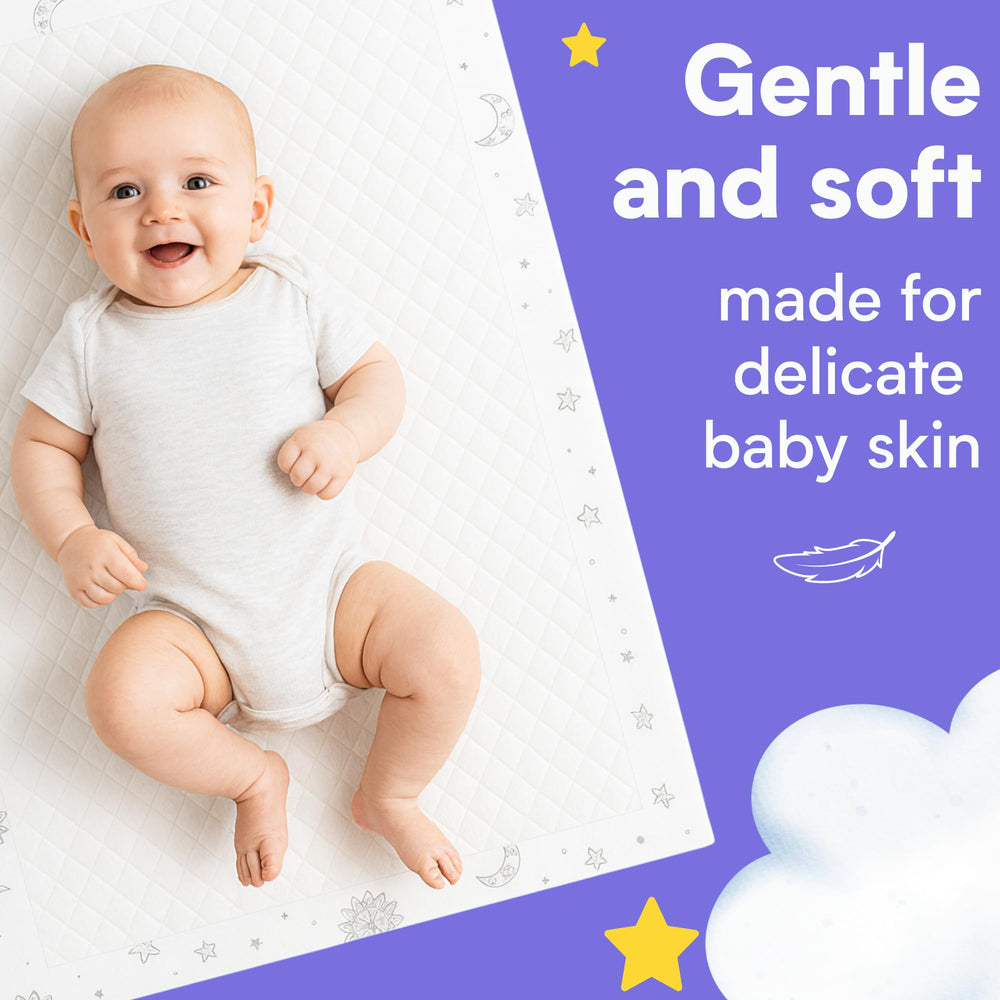 Waterproof backing keeps surfaces clean during diaper changes.